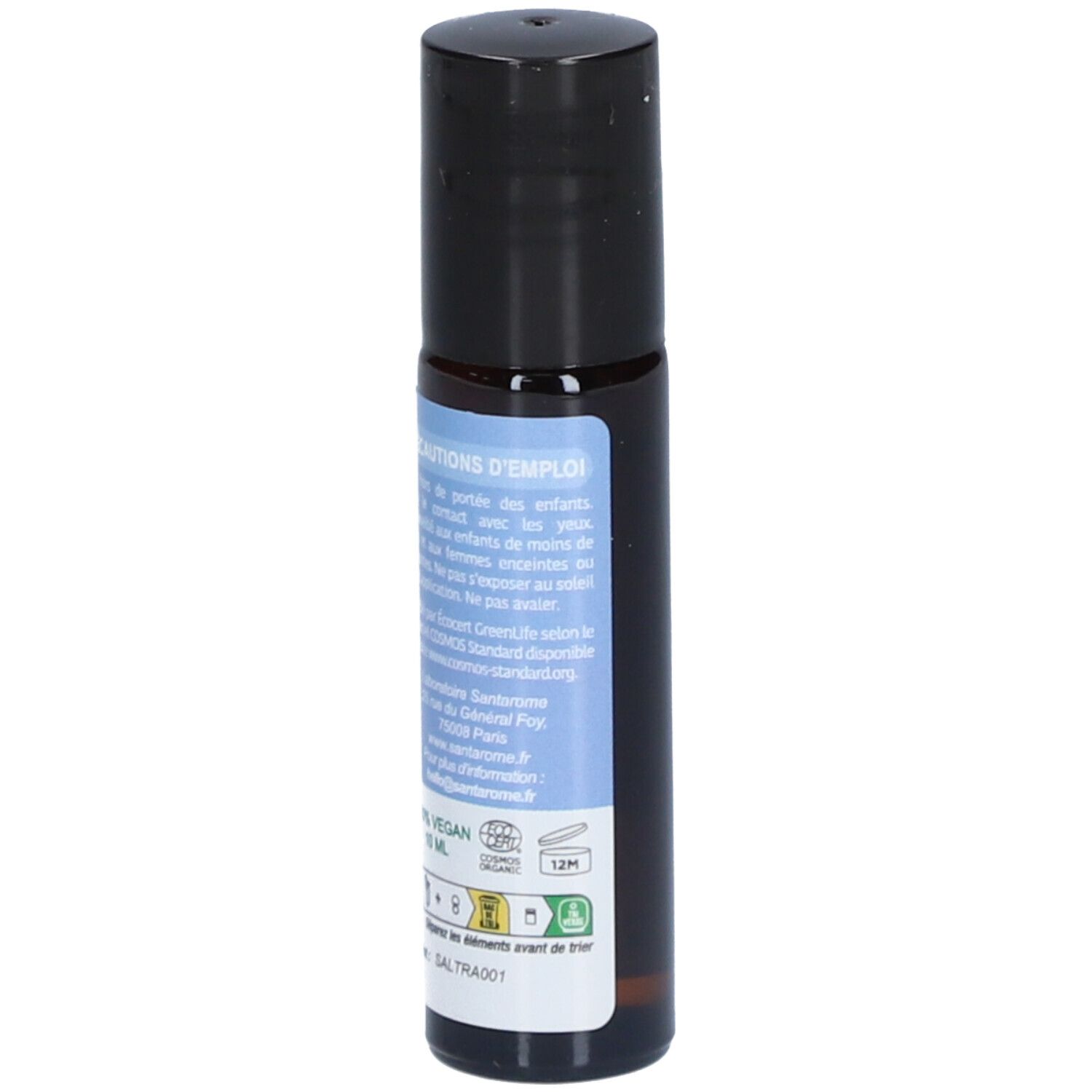 Flacon roll-on noir. Dos avec texte et logos. Inscriptions: 100% Vegan, 10 ml, label CO2.