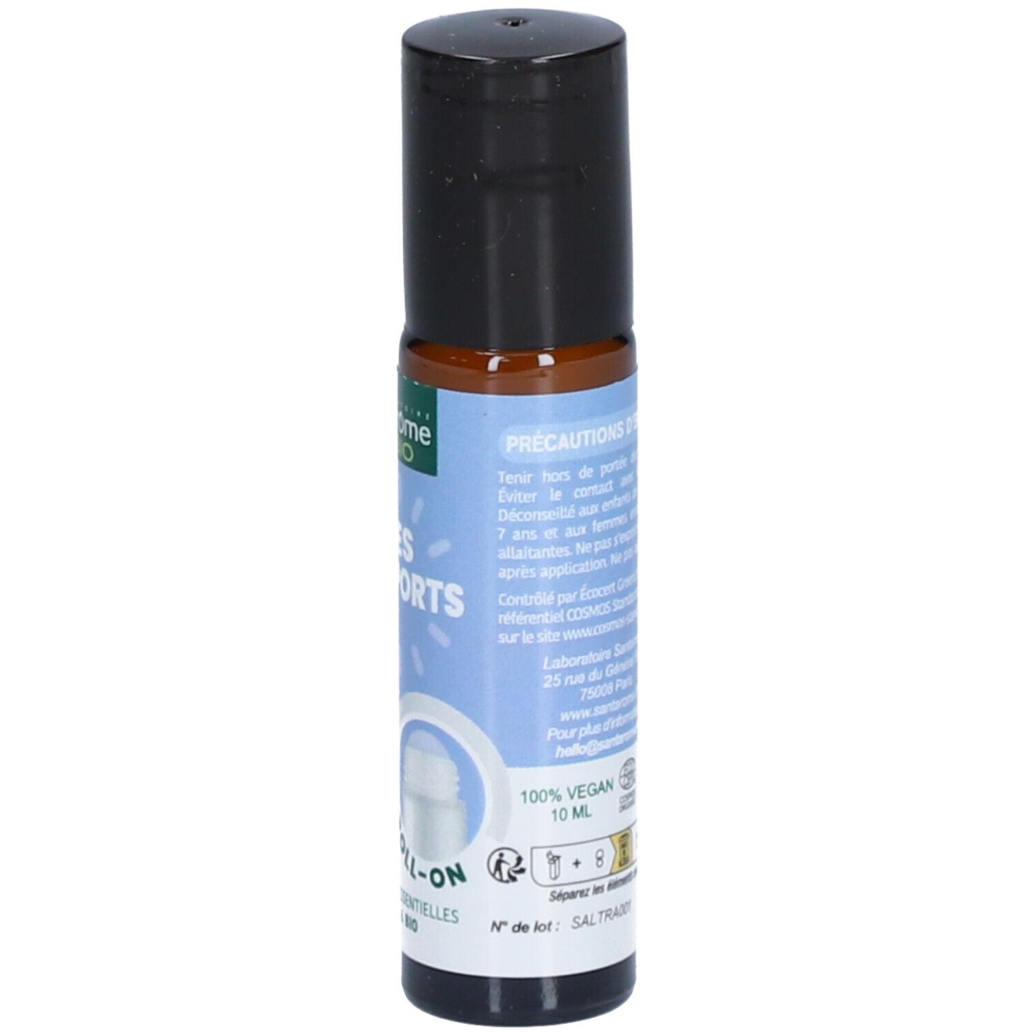 Flacon roll-on noir. Dos avec texte et logos. Inscriptions: 100% Vegan, 10 ml, label CO2.
