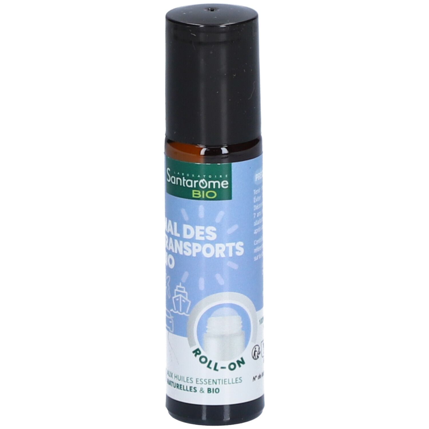Flacon roll-on noir. Inscriptions: Santarome BIO, Mal des transports BIO, Roll-on. Icônes de transport.