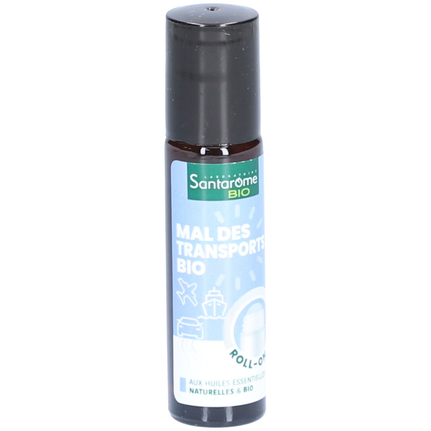 Flacon roll-on noir. Inscriptions: Santarome BIO, Mal des transports BIO, Roll-on. Icônes de transport.