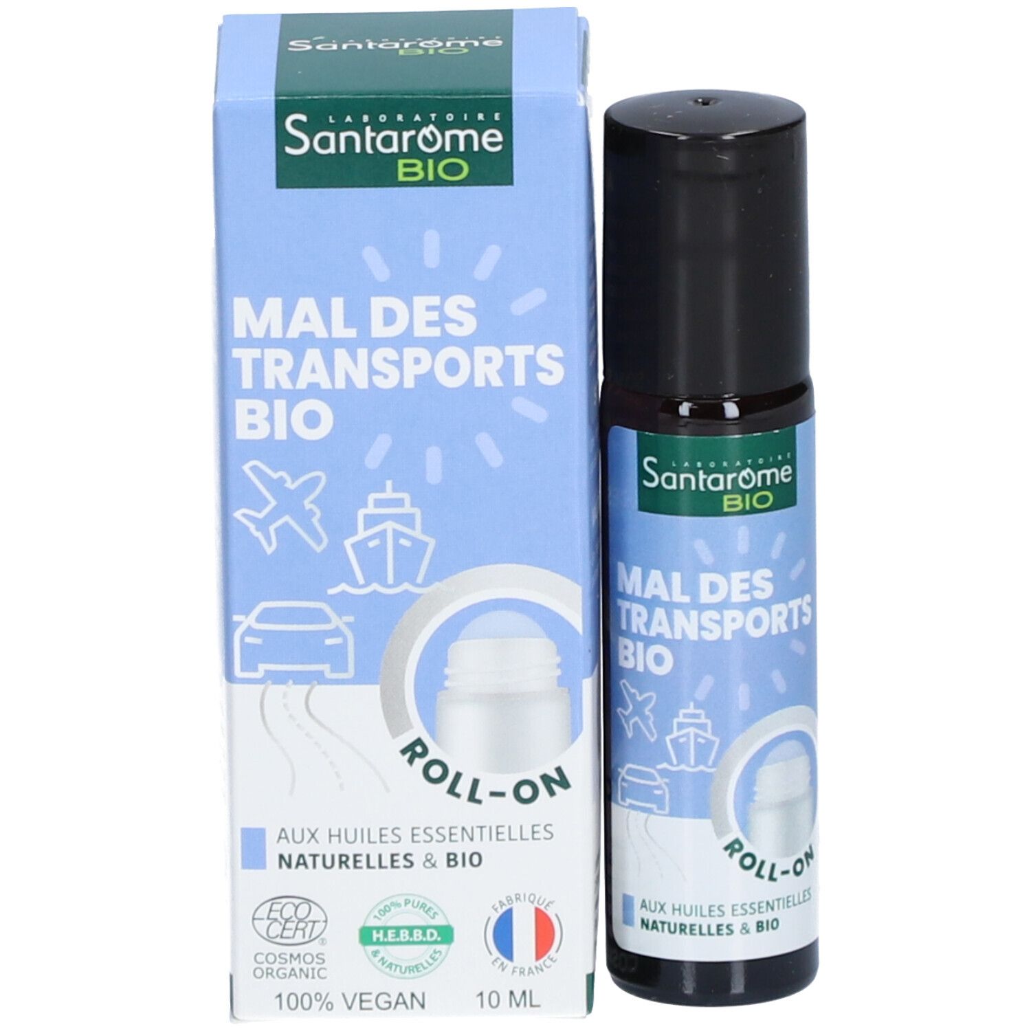 Emballage et flacon roll-on. Inscriptions: Santarome BIO, Mal des transports BIO, Roll-on. Icônes de transport.