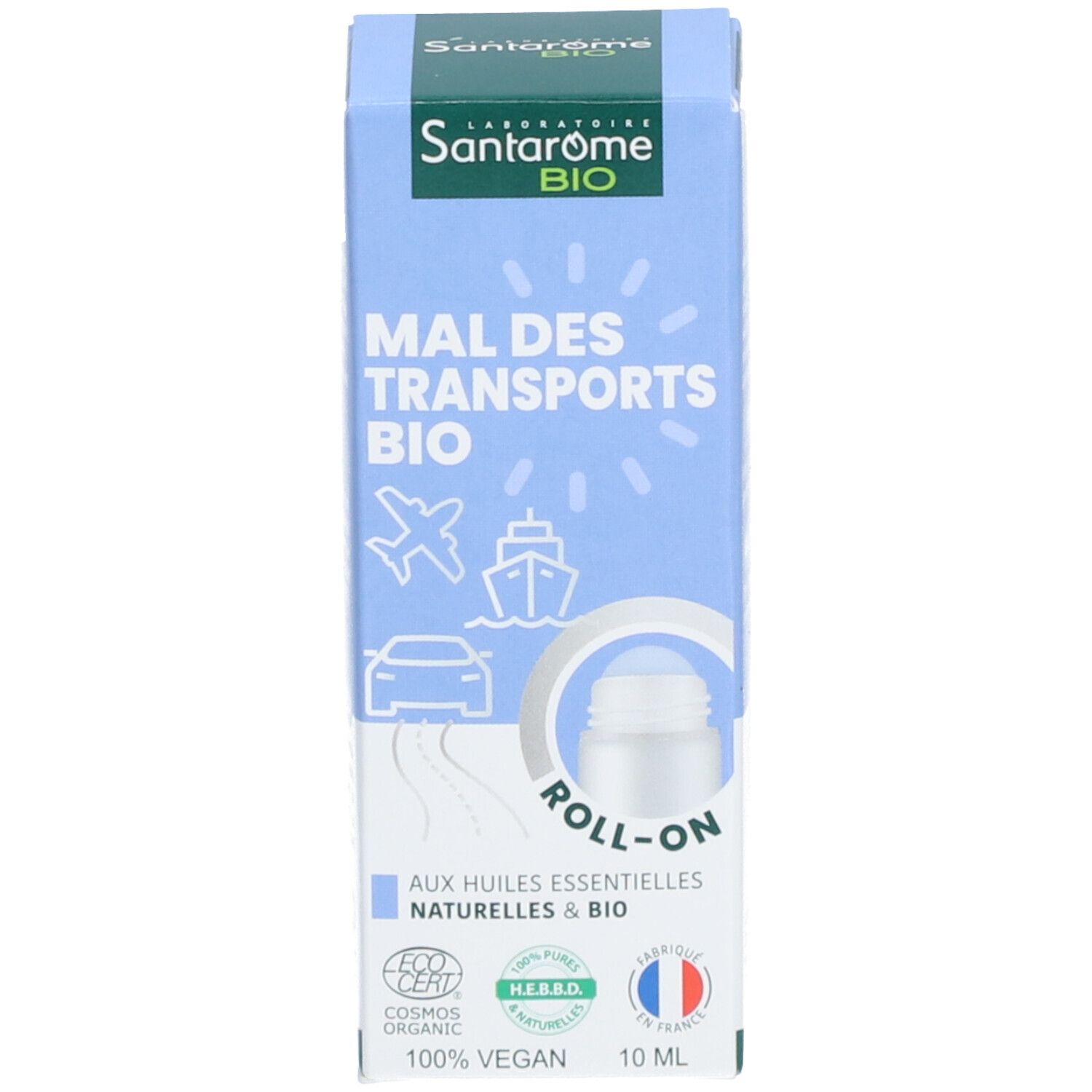Emballage. Inscriptions: Santarome BIO, Mal des transports BIO, Roll-on. Icônes de transport. 10 ml.