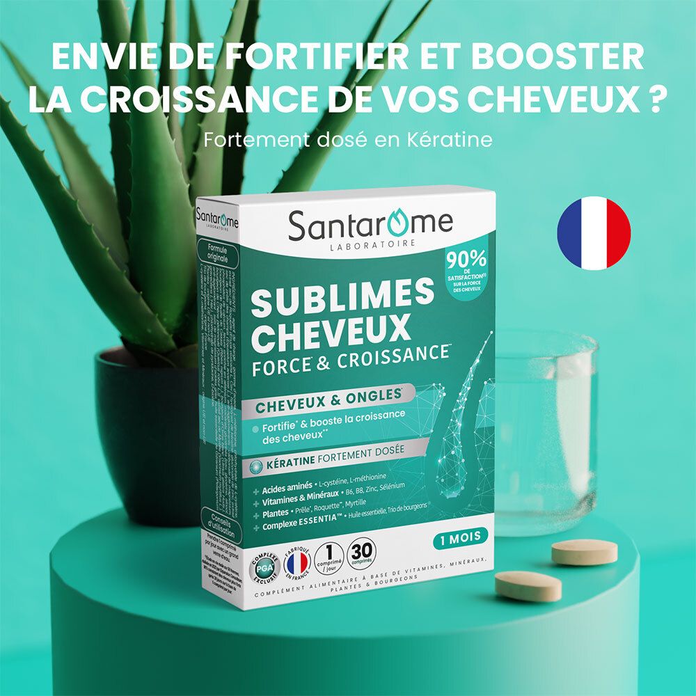 Emballage Santarome Sublimes Cheveux. Avec plante et verre. Drapeau français.