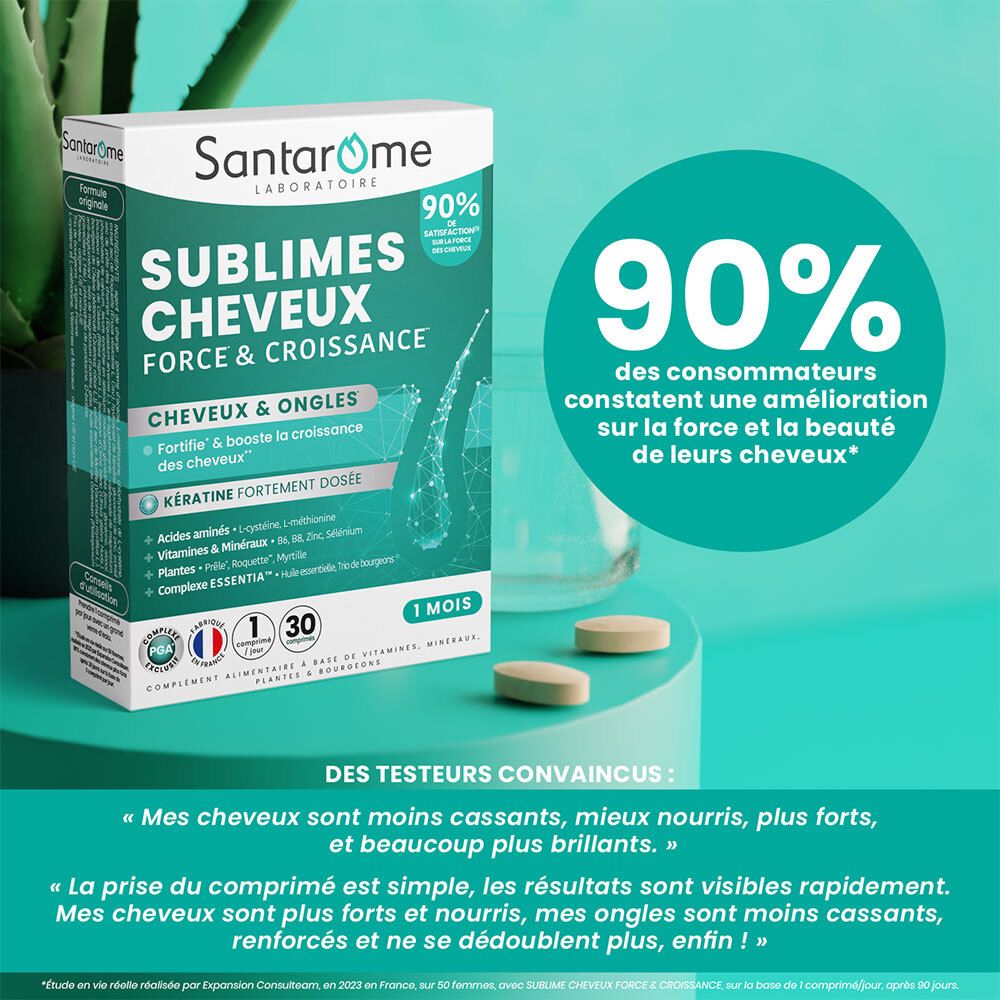 Emballage Santarome Sublimes Cheveux. Comprimés à côté. Texte : 90% d'amélioration.