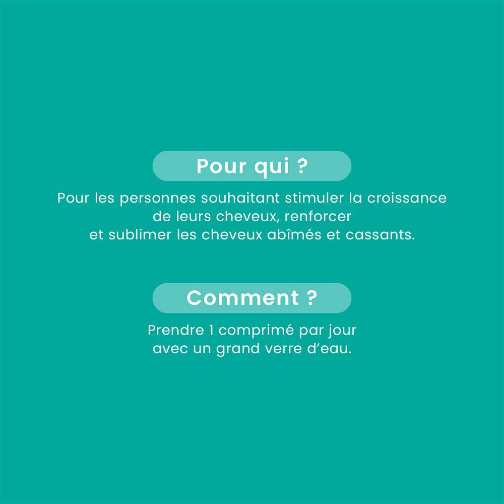 Texte : Pour qui ? Stimuler la croissance des cheveux. Comment ? 1 comprimé par jour avec de l'eau.
