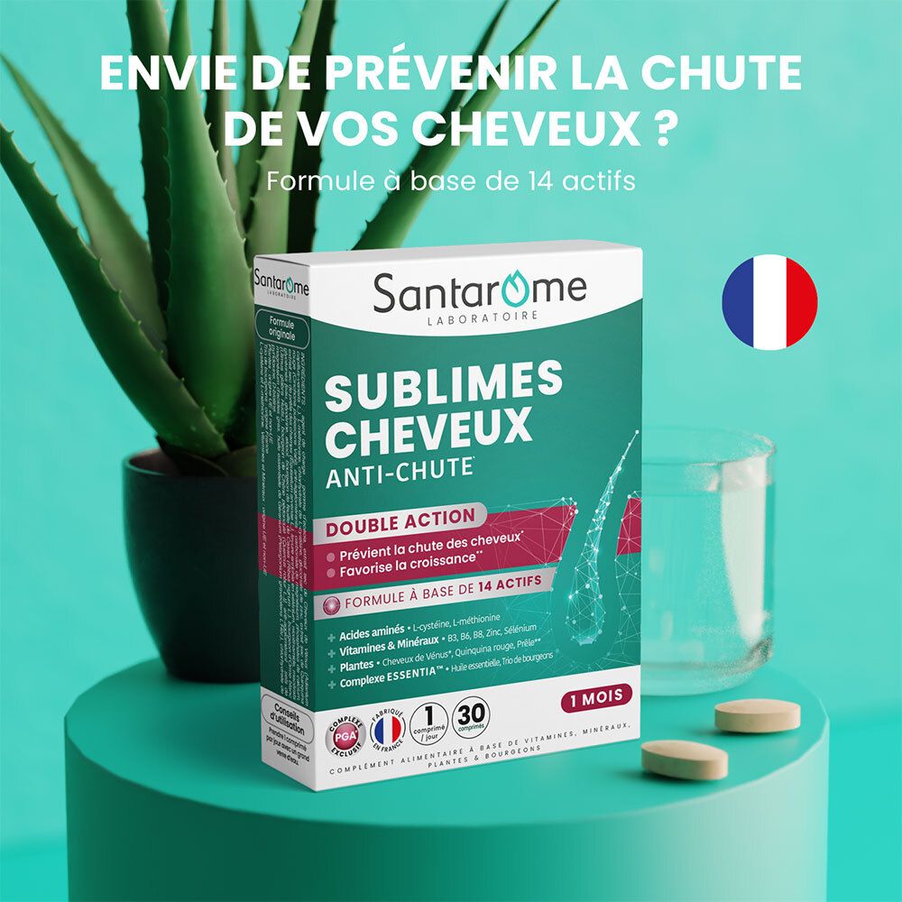 Emballage Santarome Sublimes Cheveux Anti-Chute. Vert. Drapeau français. Texte: Formule à base de 14 actifs.