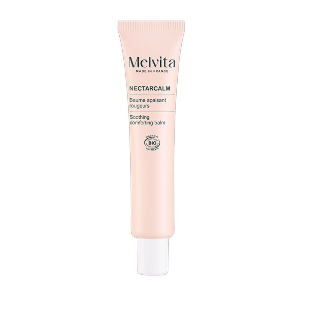 Tube rose avec bouchon blanc. Texte: Melvita, NectarCalm, Baume apaisant rougeurs, Soothing comforting balm. Certification Bio.