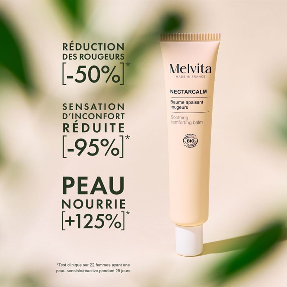 Balsam NectarCalm Melvita. Pourcentages pour réduction rougeurs (-50%), confort (+95%) et nutrition peau (+125%).