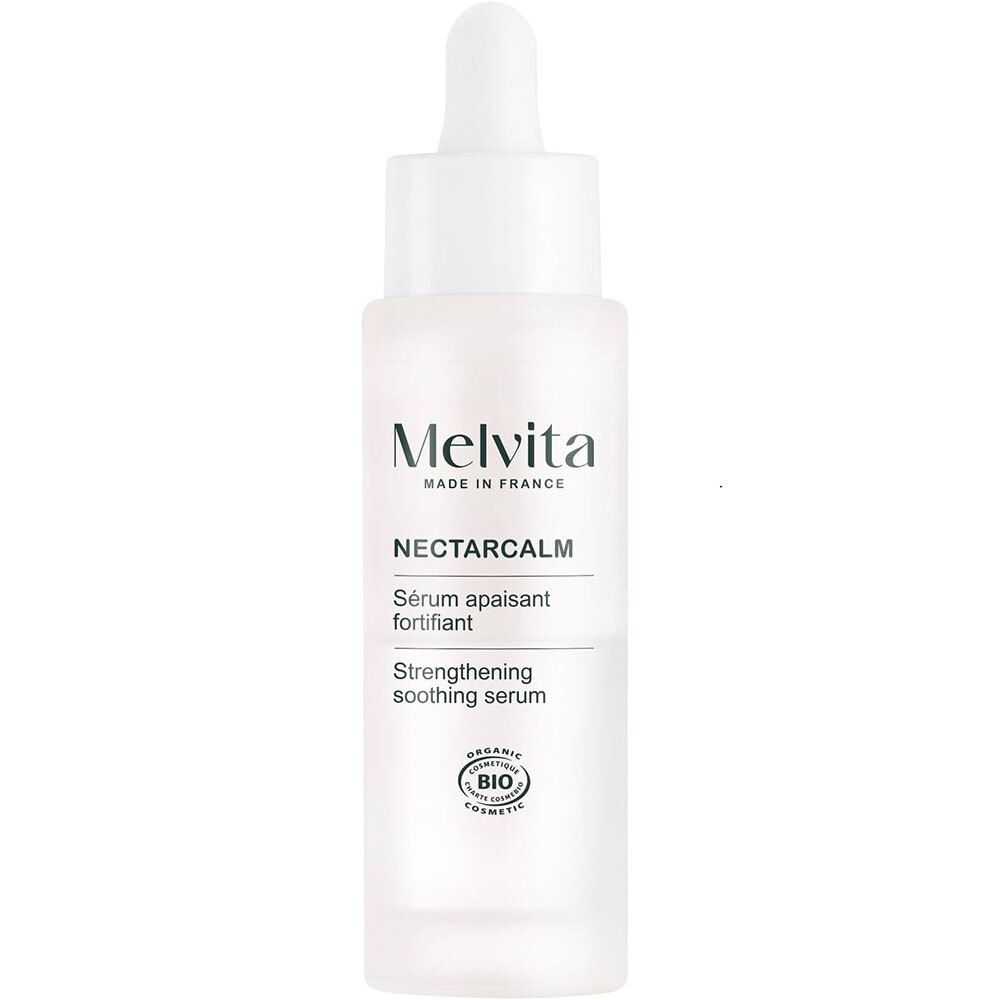 Sérum Melvita NectarCalm en flacon verre avec pipette. Sceau Bio visible.