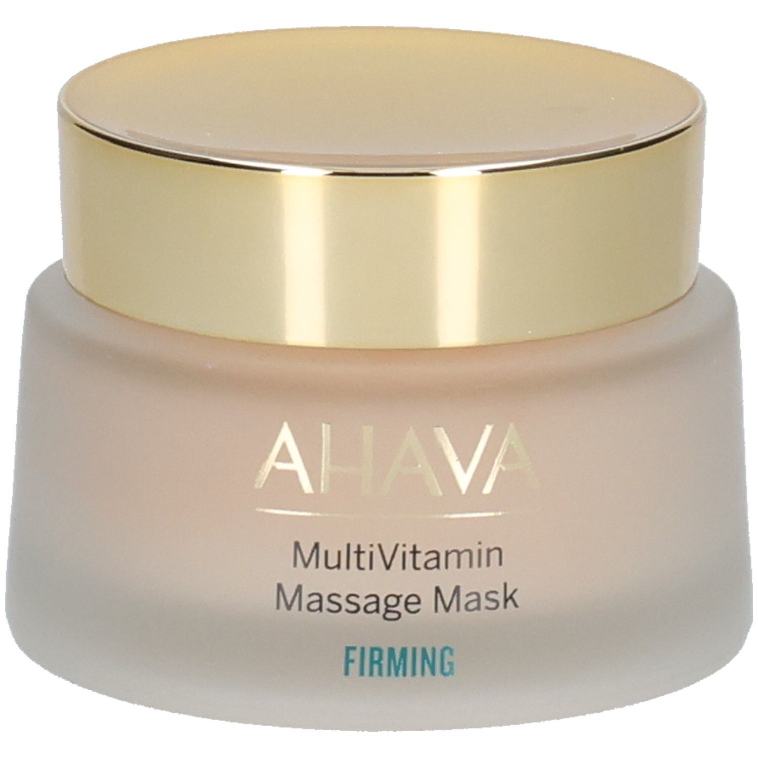 Pot avec couvercle doré. Inscription AHAVA, MultiVitamin Massage Mask, FIRMING. Contenu crème.