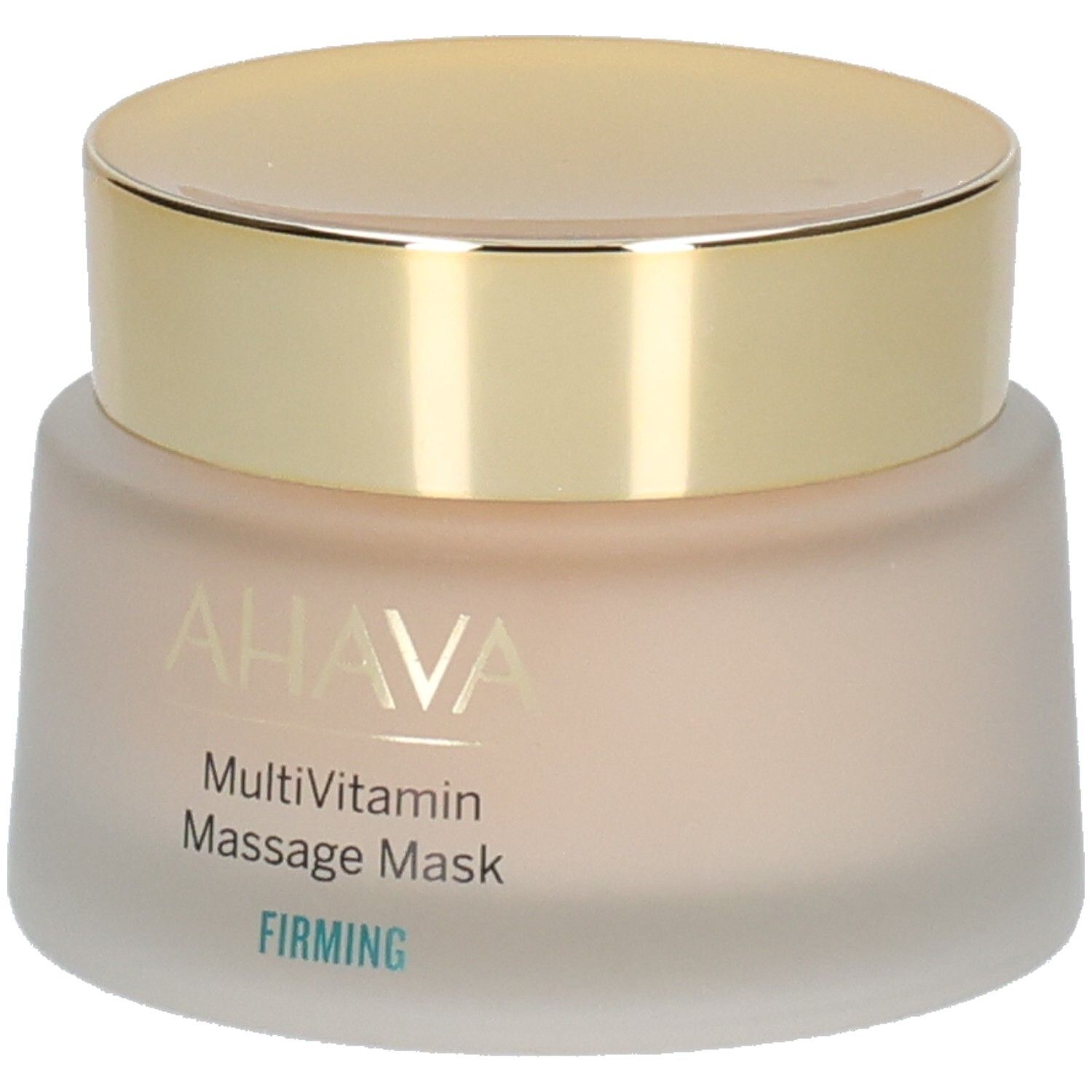 Pot avec couvercle doré. Inscription AHAVA, MultiVitamin Massage Mask, FIRMING. Contenu crème.