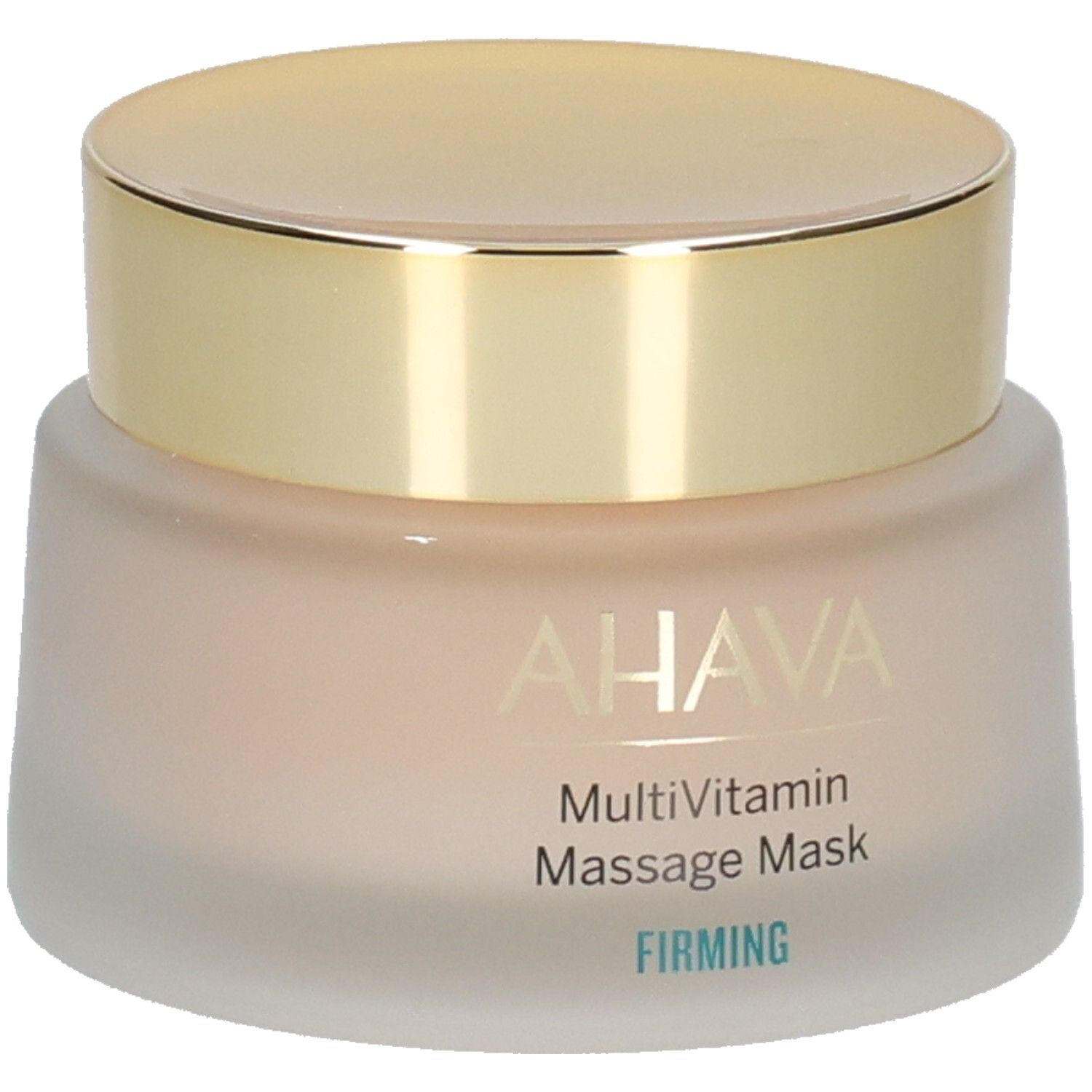 Pot avec couvercle doré. Inscription AHAVA, MultiVitamin Massage Mask, FIRMING. Contenu crème.