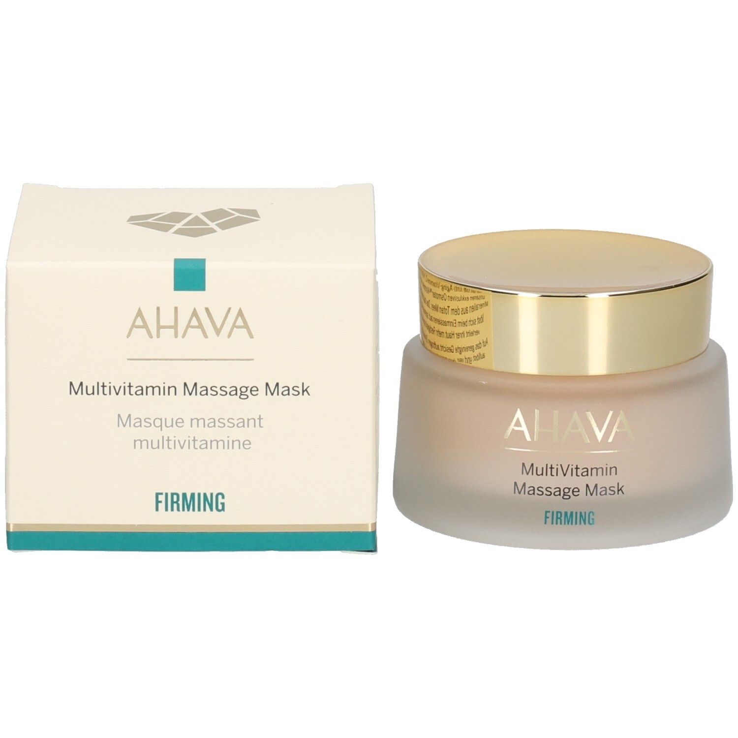 Produit et emballage. Inscription AHAVA, MultiVitamin Massage Mask, FIRMING. Boîte blanche, couvercle doré.