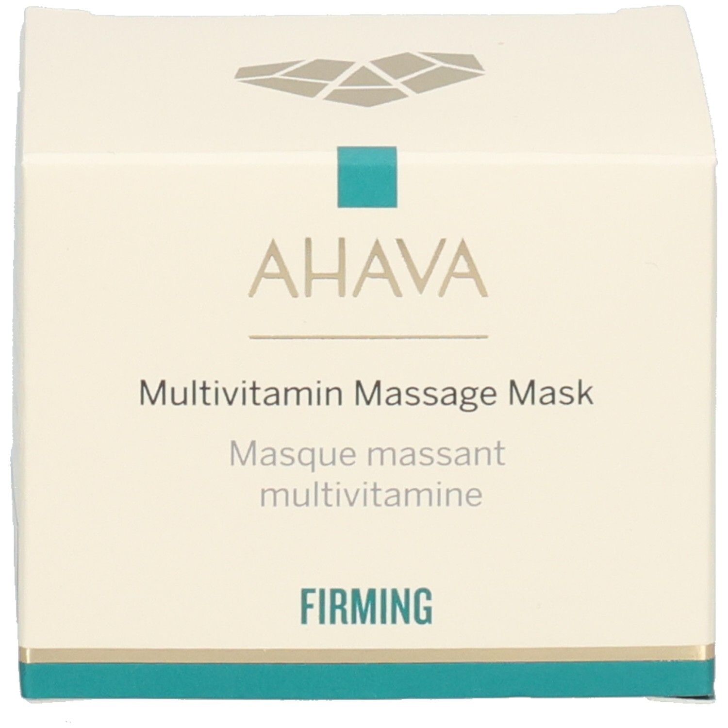 Boîte blanche. Inscription AHAVA, MultiVitamin Massage Mask, FIRMING. Bande turquoise.
