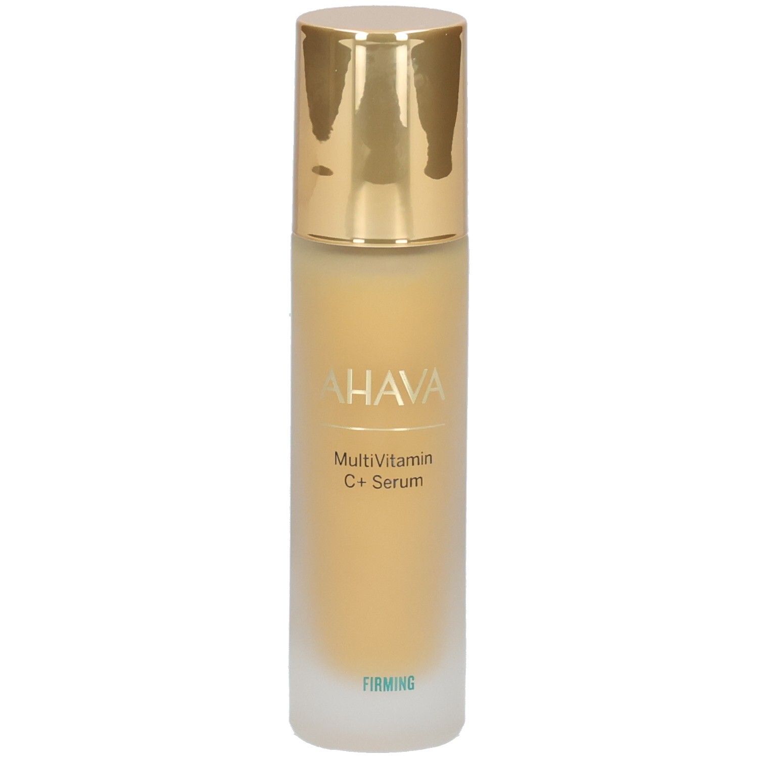 Sérum Ahava Multivitamine C+. Flacon avec bouchon doré. Inscriptions: AHAVA, Multivitamin C+ Serum, Firming.