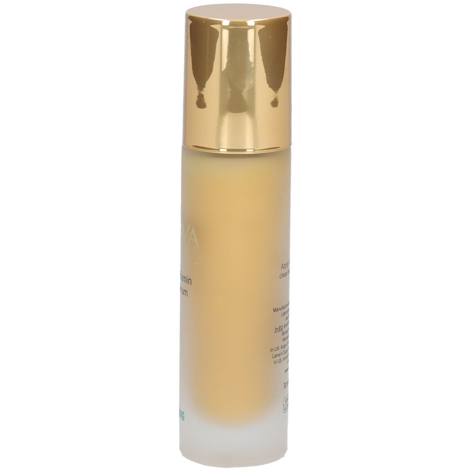 Sérum Ahava Multivitamine C+. Flacon avec bouchon doré. Inscriptions: AHAVA, Multivitamin C+ Serum, Firming.