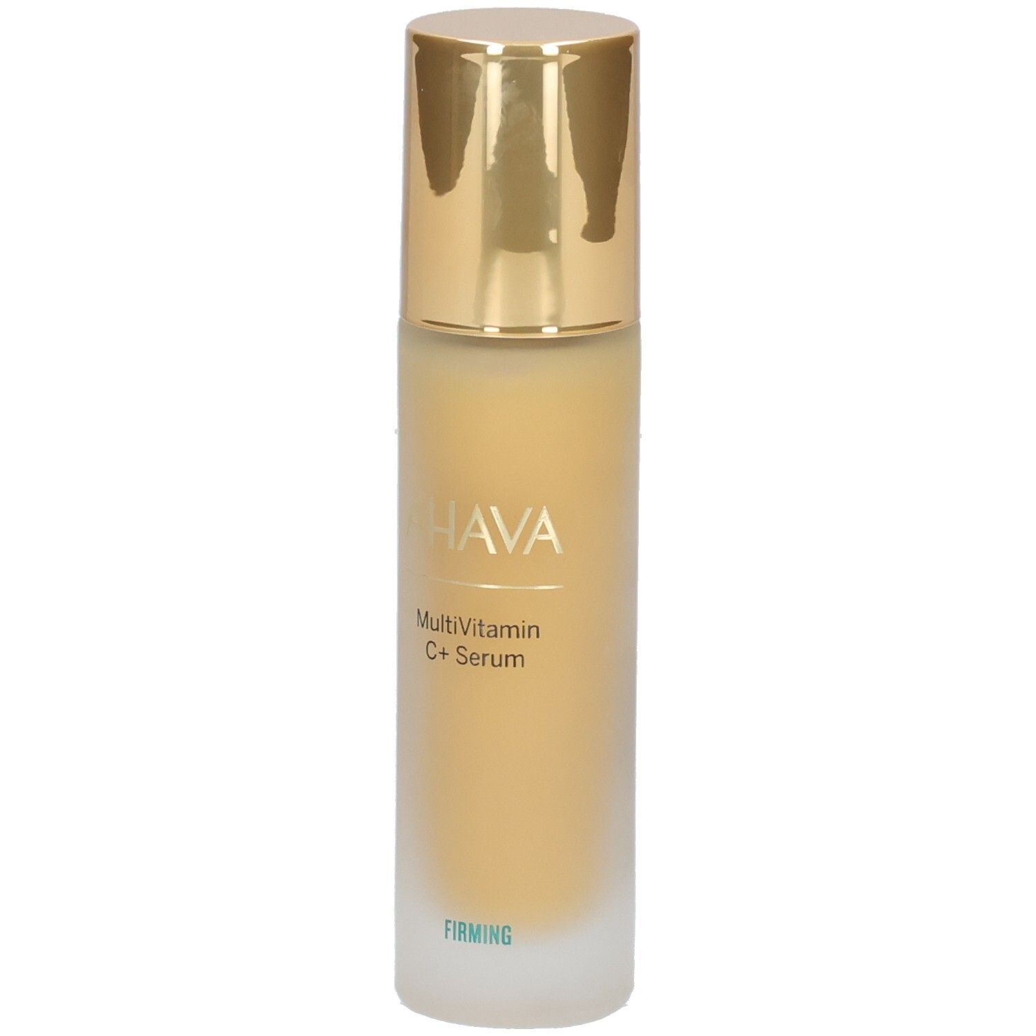 Sérum Ahava Multivitamine C+. Flacon avec bouchon doré. Inscriptions: AHAVA, Multivitamin C+ Serum, Firming.