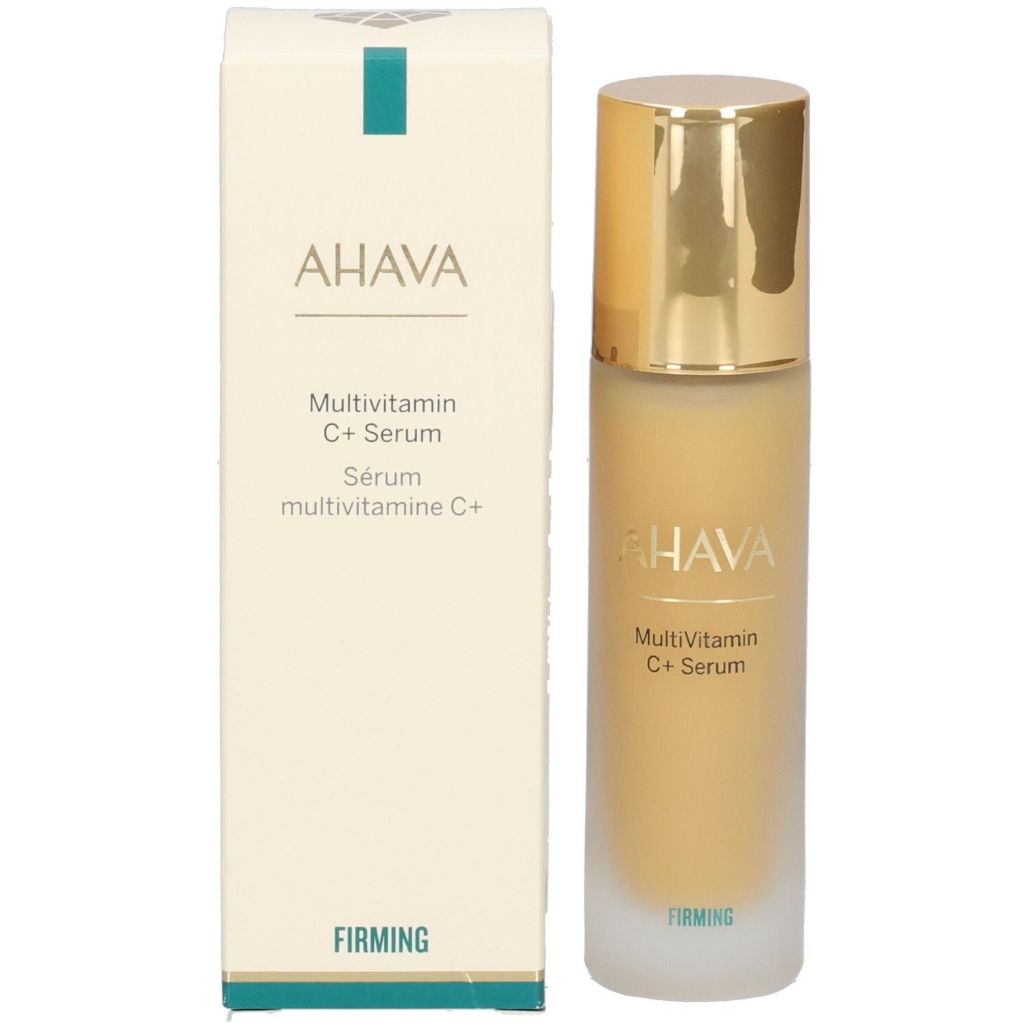 Sérum Ahava Multivitamine C+. Emballage. Inscriptions: AHAVA, Multivitamin C+ Serum, Firming.