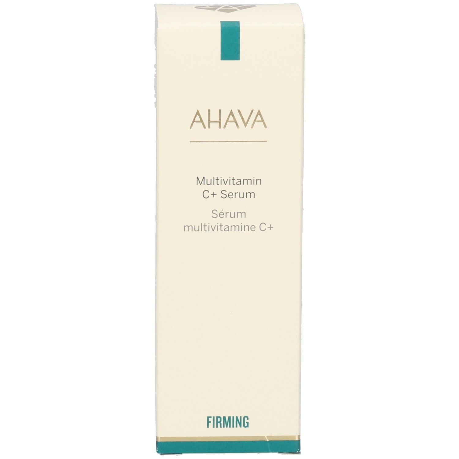 Sérum Ahava Multivitamine C+. Emballage. Inscriptions: AHAVA, Multivitamin C+ Serum, Firming.