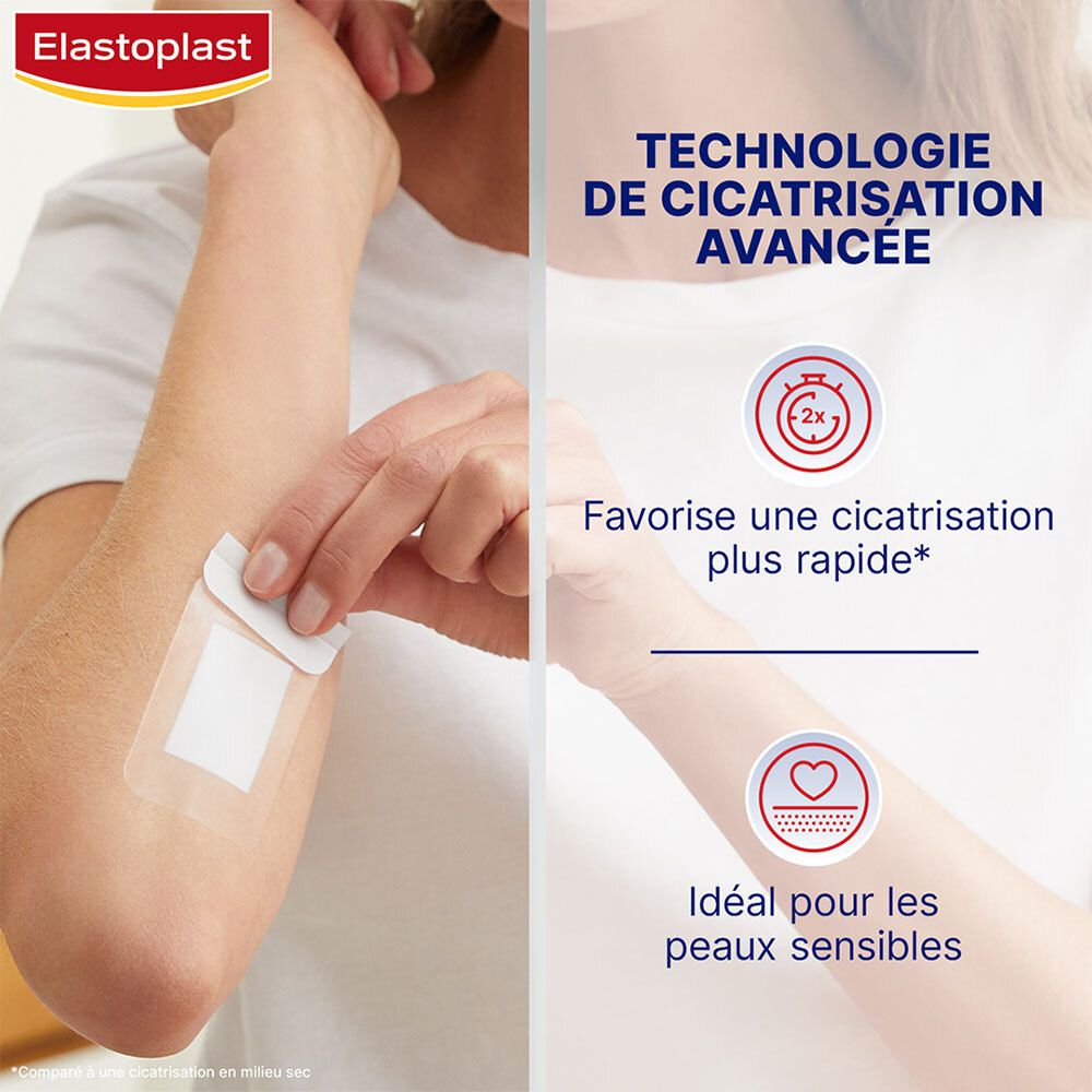 Bras avec pansement. Application du pansement. Texte: Technologie de cicatrisation avancée. Idéal pour peaux sensibles.