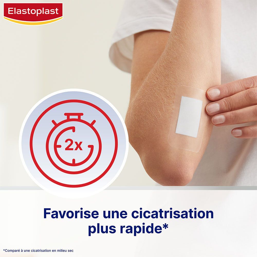 Bras avec pansement. Texte: Favorise une cicatrisation plus rapide. Symbole rouge avec 2x. Pansement sur le coude.