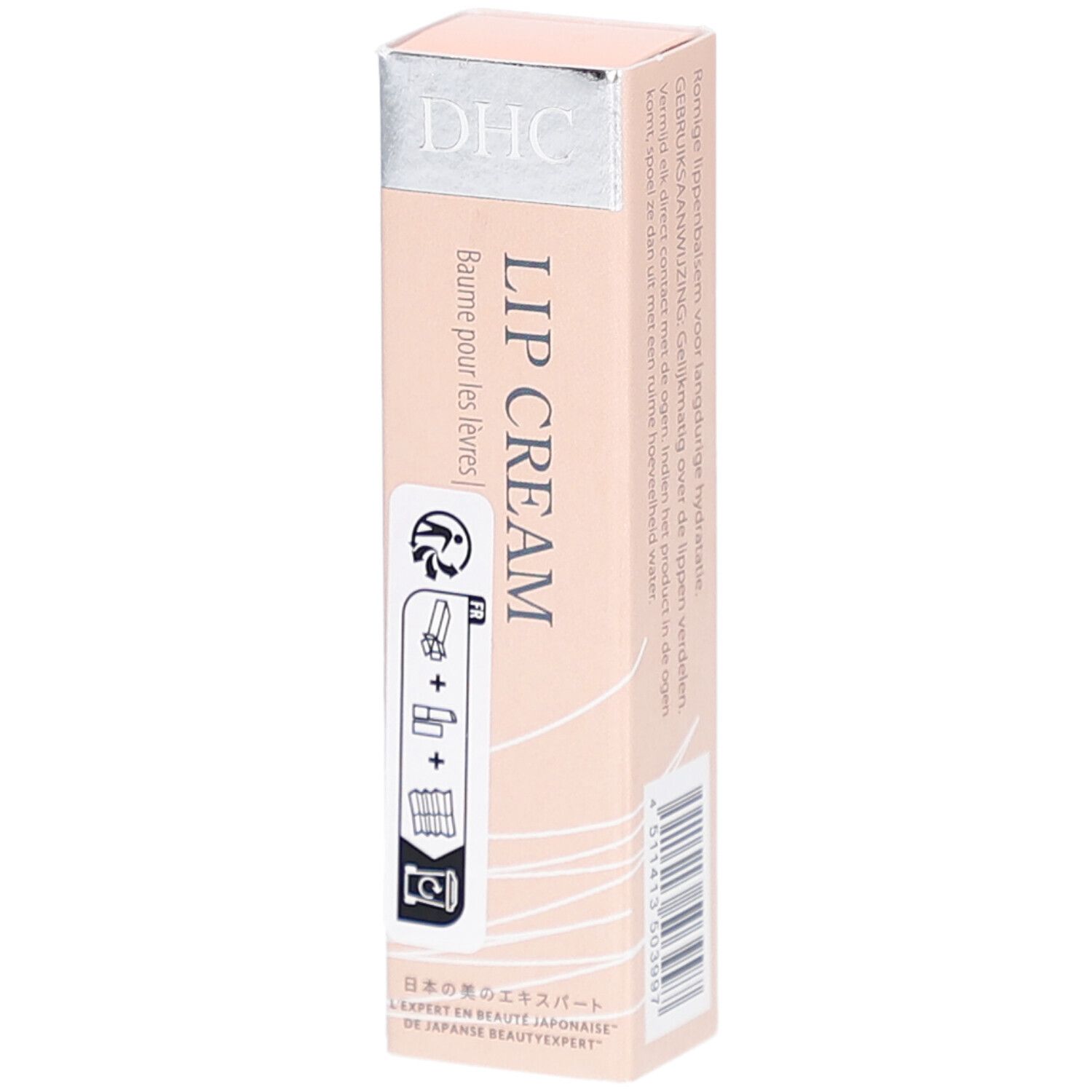 Emballage DHC Lip Cream. Design rose et blanc avec nom et logo du produit. Contient des pictogrammes et du texte japonais.