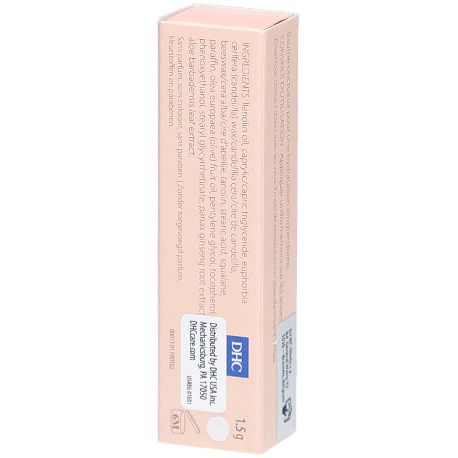Dos de l'emballage DHC Lip Cream. Contient les ingrédients, les informations du fabricant et le poids : 1,5 g.