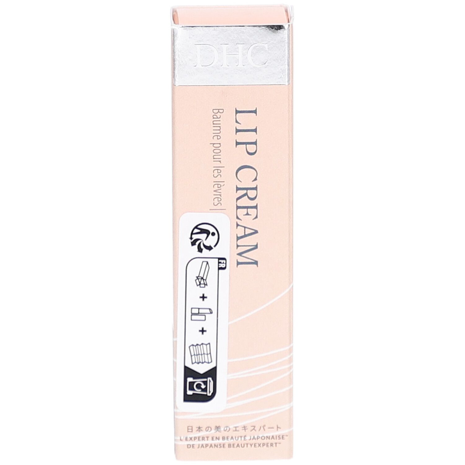 Emballage DHC Lip Cream. Design rose et blanc avec nom et logo du produit. Contient des pictogrammes et du texte japonais.