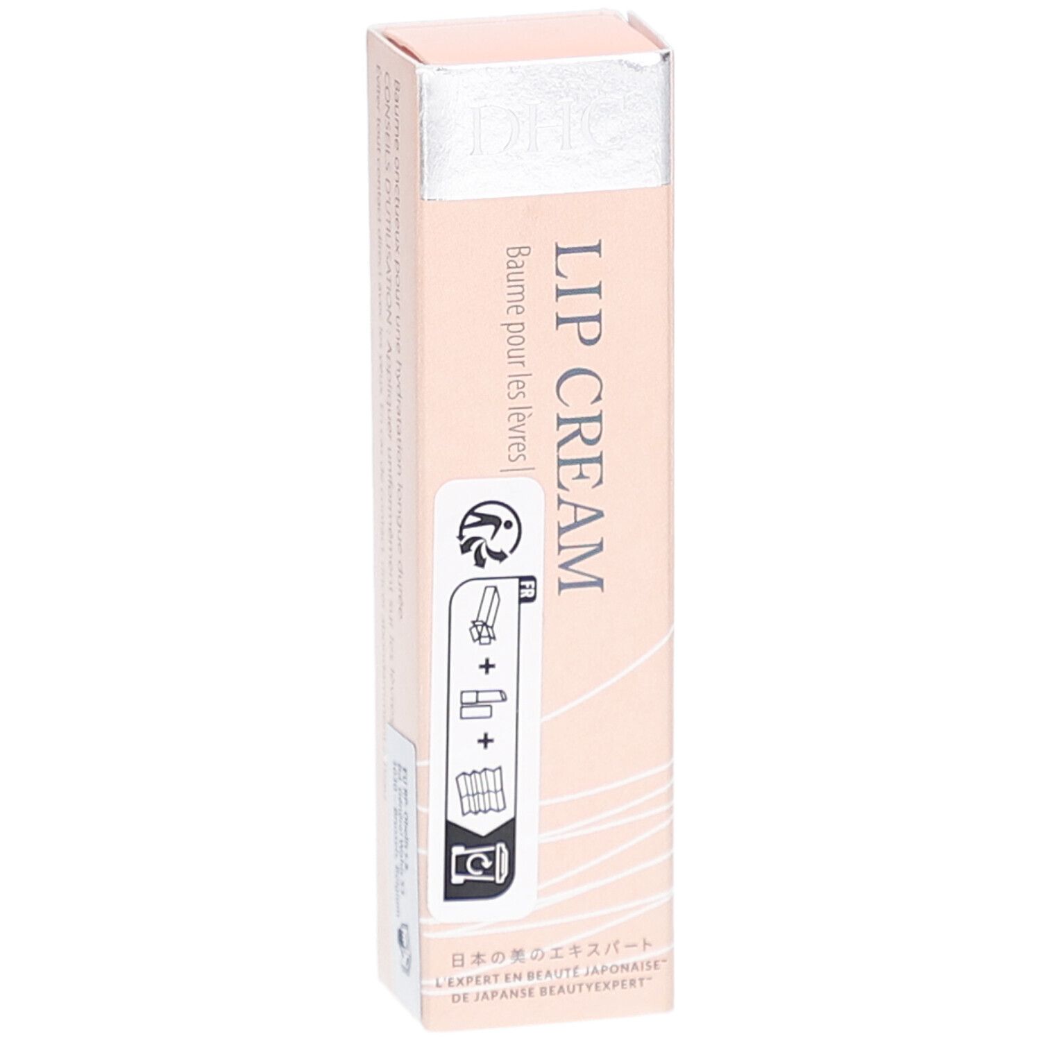 Emballage DHC Lip Cream. Design rose et blanc avec nom et logo du produit. Contient des pictogrammes et du texte japonais.