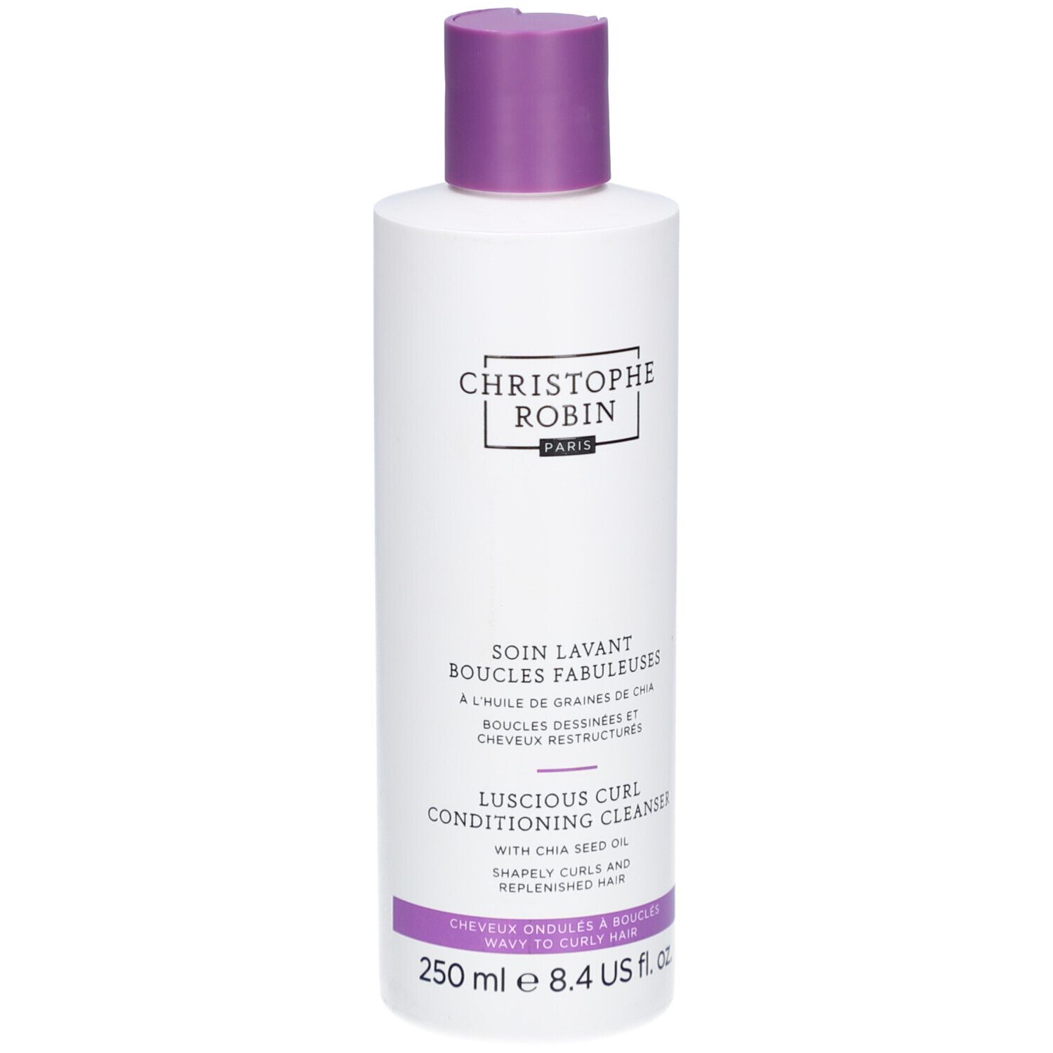 Flacon blanc avec bouchon violet. Texte: Christophe Robin, Soin Lavant Boucles Fabuleuses, Luscious Curl Conditioning Cleanser.