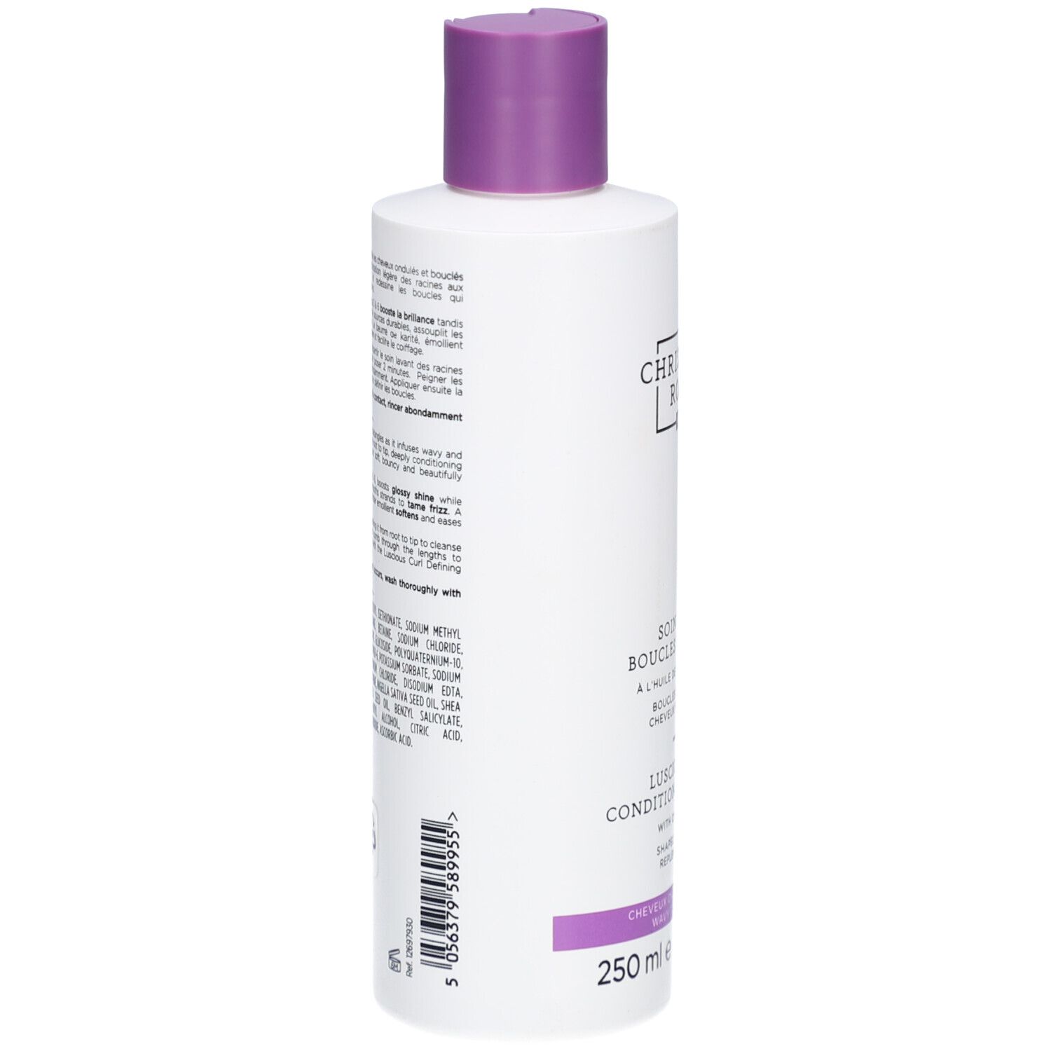 Dos d'un flacon blanc avec bouchon violet. Texte et ingrédients visibles.