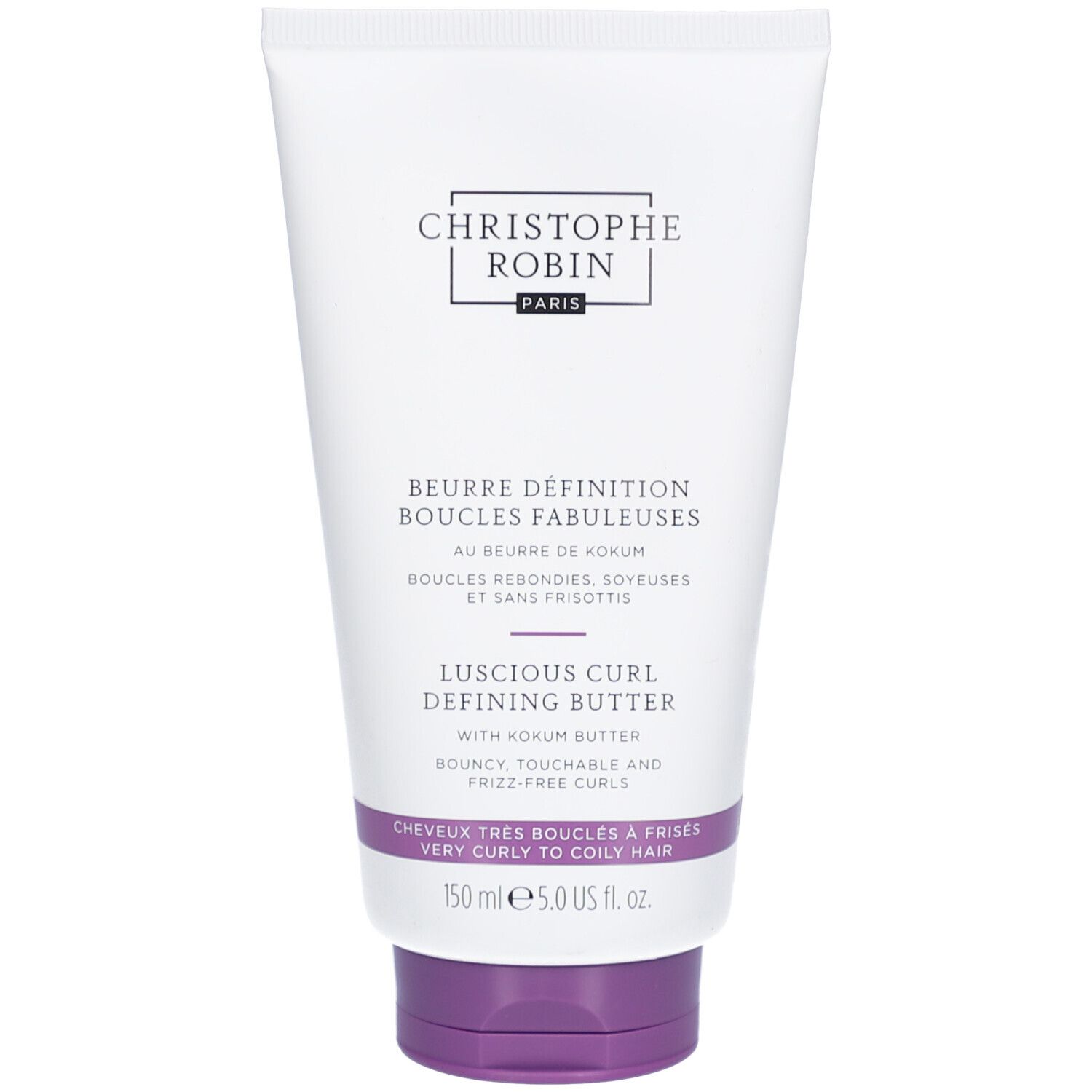 Tube blanc, bouchon violet. Texte: Christophe Robin, Beurre Définition Boucles Fabuleuses, Luscious Curl Defining Butter.