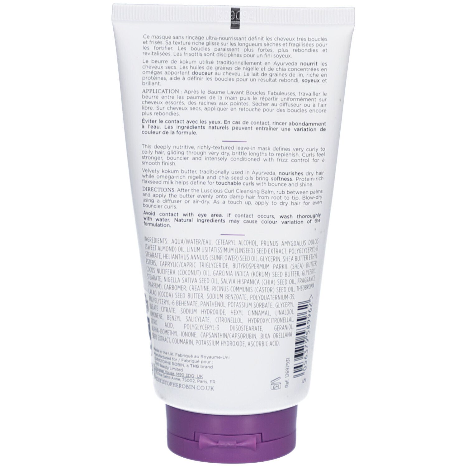 Dos d'un tube blanc, bouchon violet. Texte: Ingrédients, instructions d'utilisation.