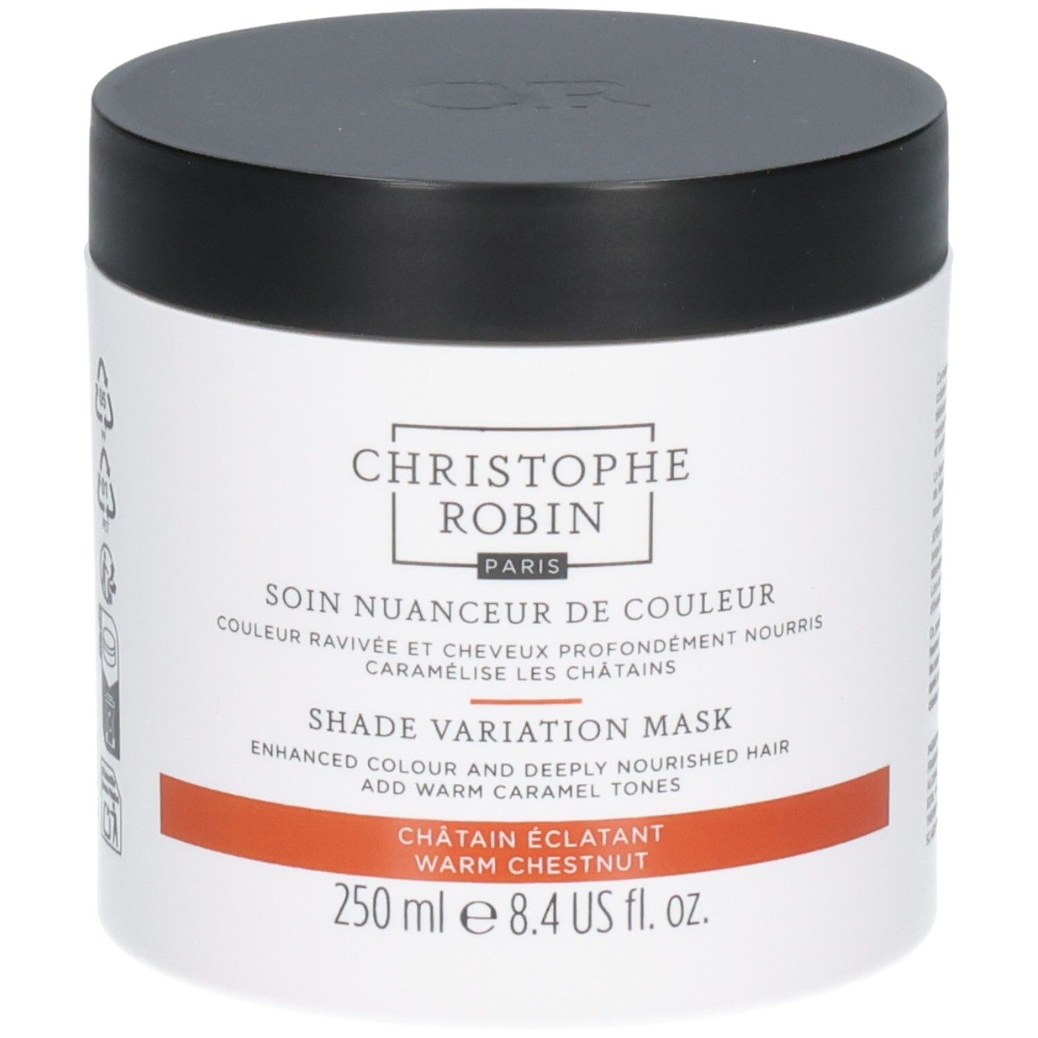 Pot noir et blanc. Texte en blanc et orange. Contenance 250 ml. Marque visible.