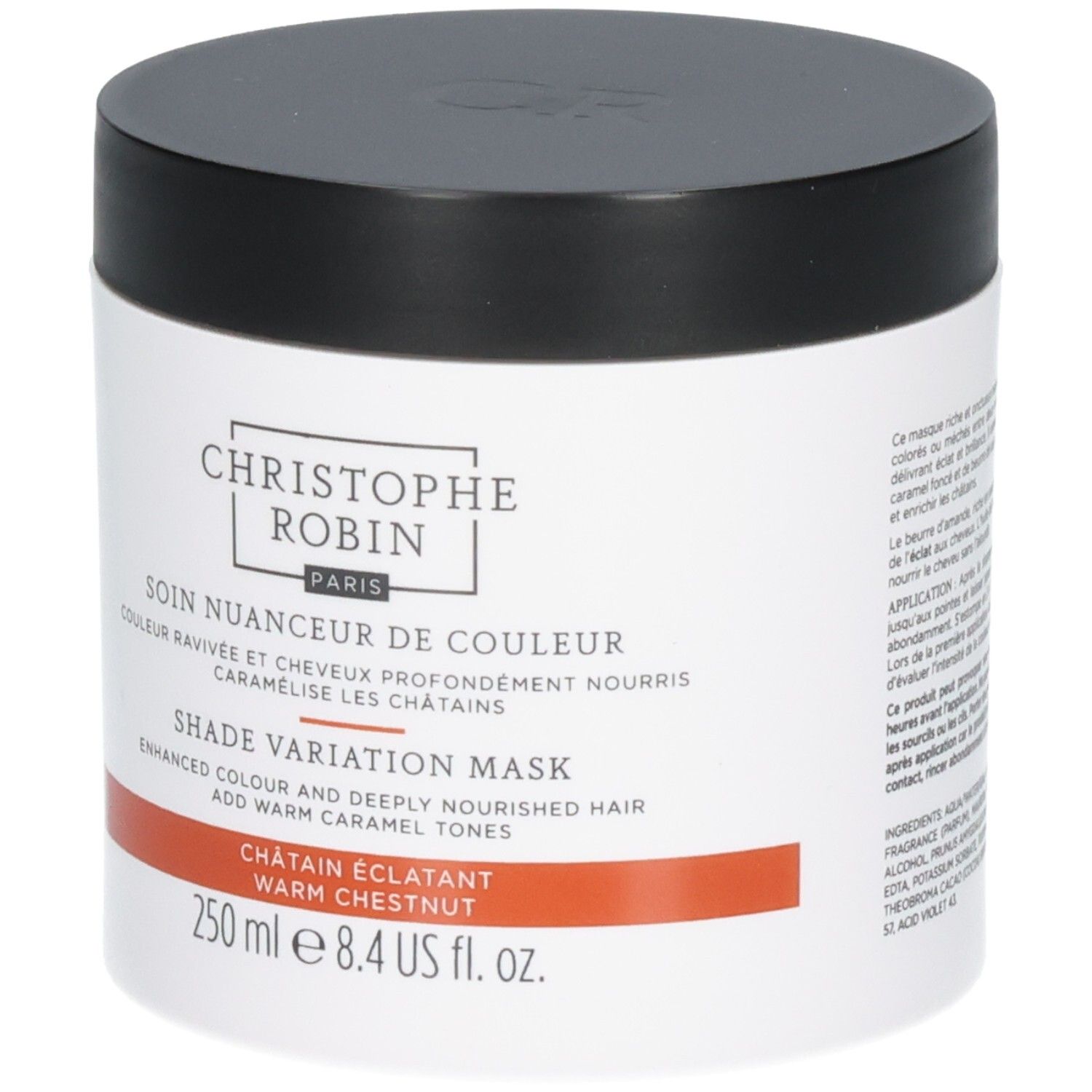 Pot noir et blanc. Texte en blanc et orange. Contenance 250 ml. Marque visible.