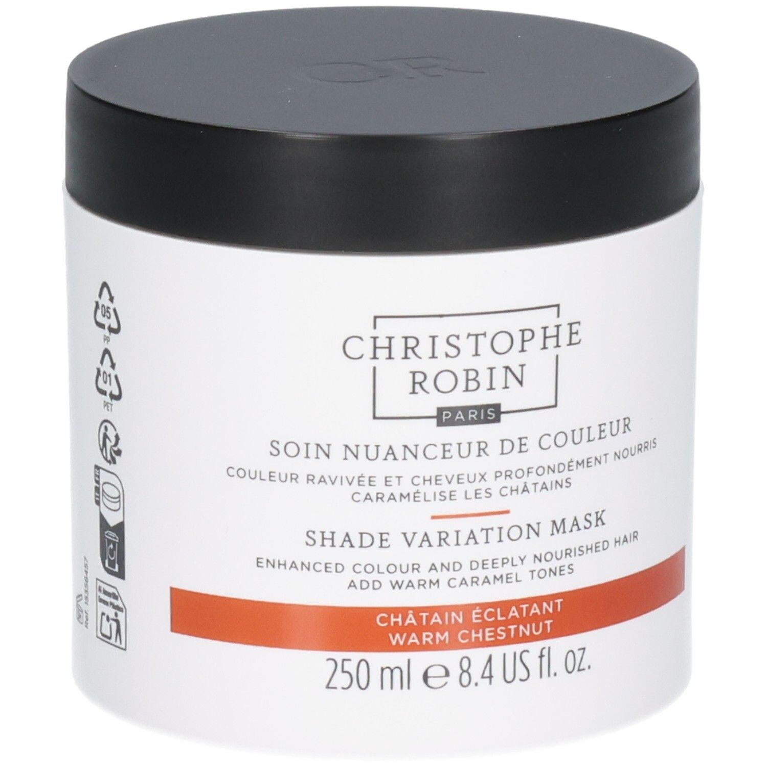 Pot noir et blanc. Texte en blanc et orange. Contenance 250 ml. Marque visible.