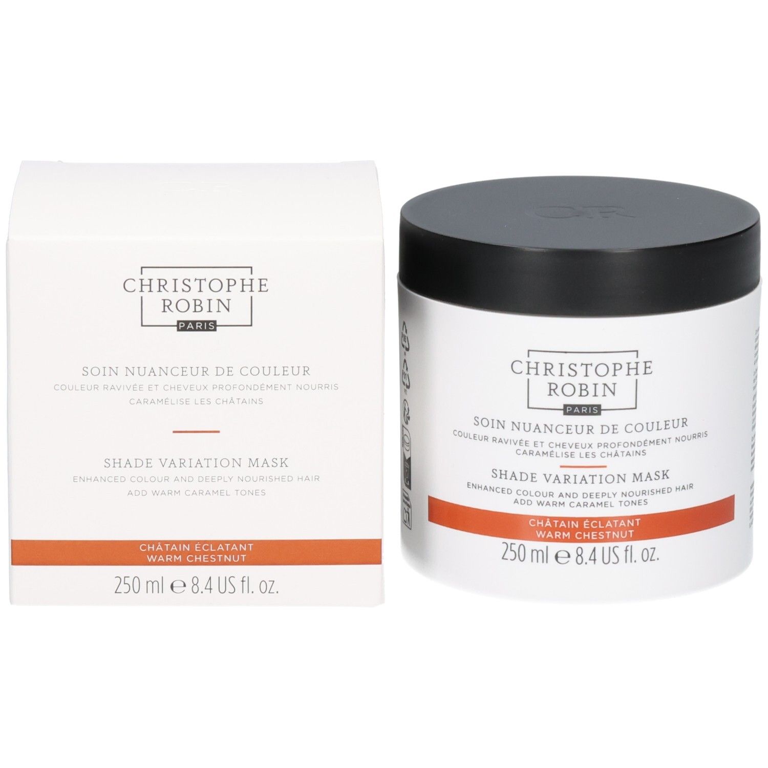 Produit et emballage. Boîte blanche et pot noir.