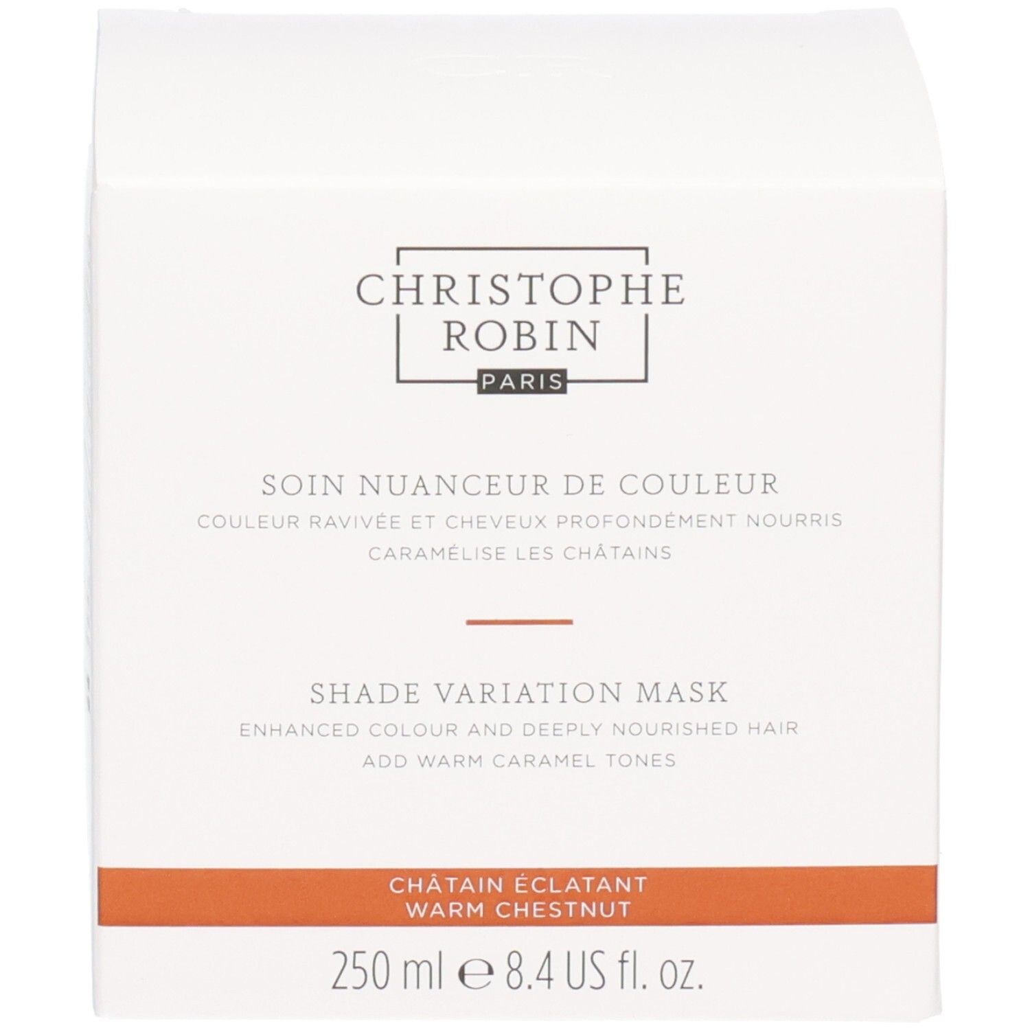Emballage blanc. Texte blanc et orange. Nom du produit visible.