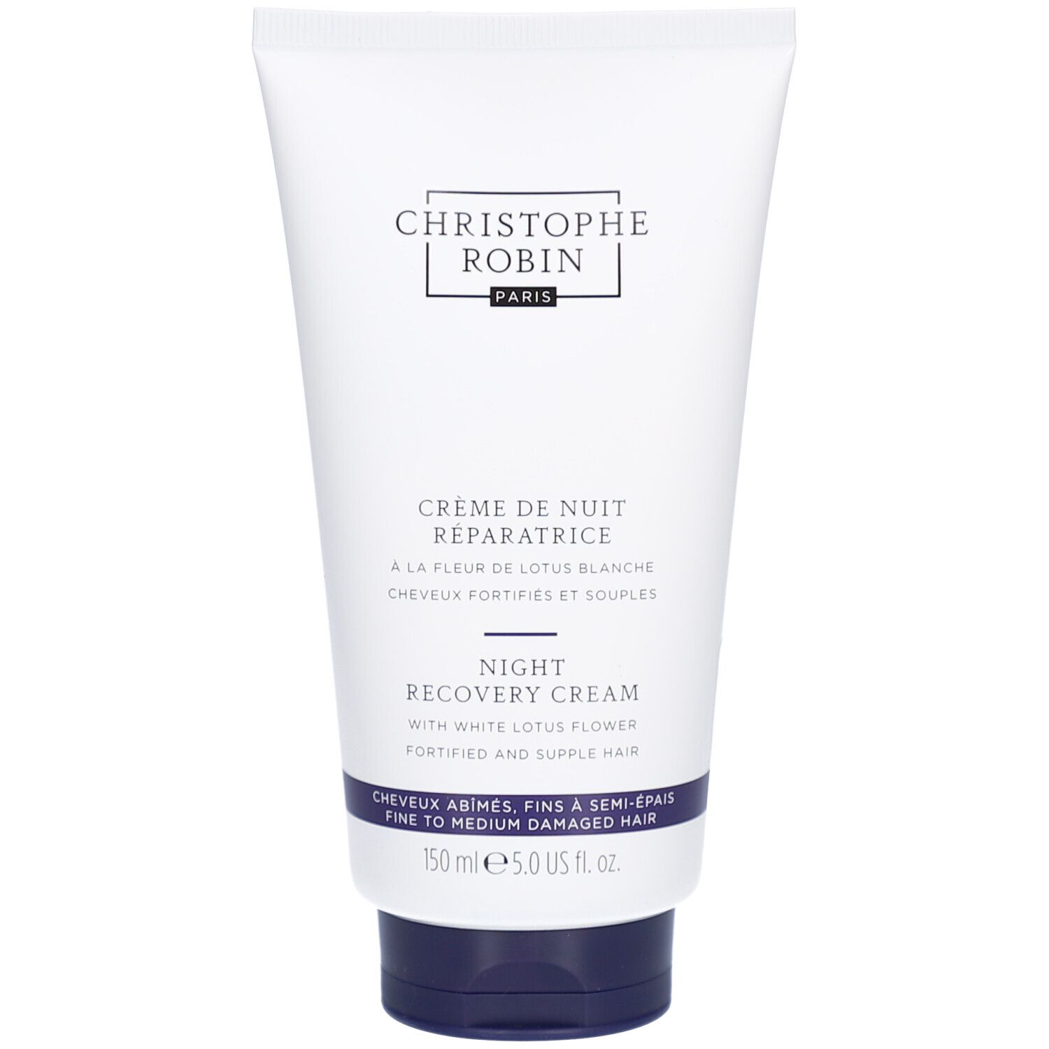 Tube blanc, bouchon bleu. Inscription: CHRISTOPHE ROBIN PARIS, CRÈME DE NUIT RÉPARATRICE, NIGHT RECOVERY CREAM. Pour cheveux abîmés.