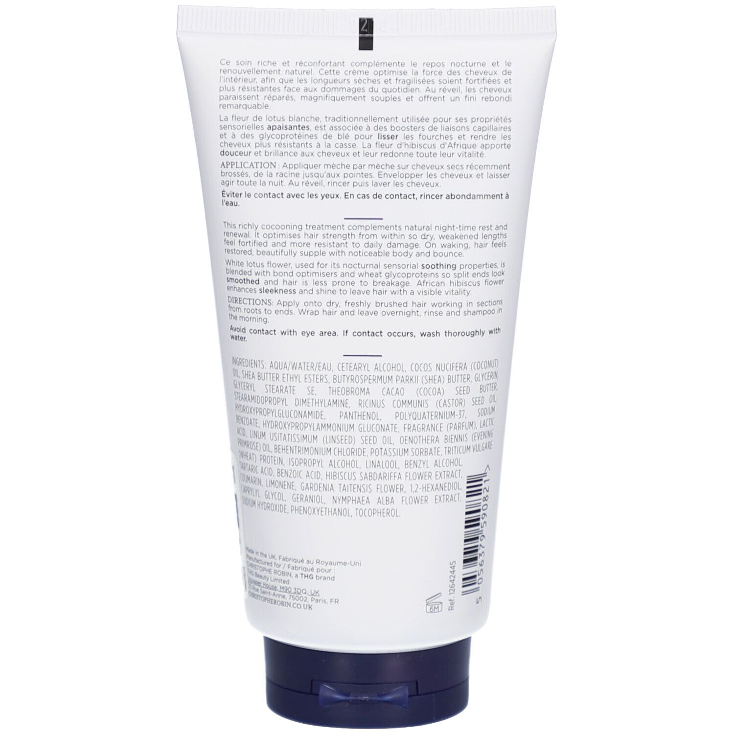 Dos du tube. Texte multilingue. Ingrédients et instructions d'utilisation. Fond blanc, bouchon bleu.