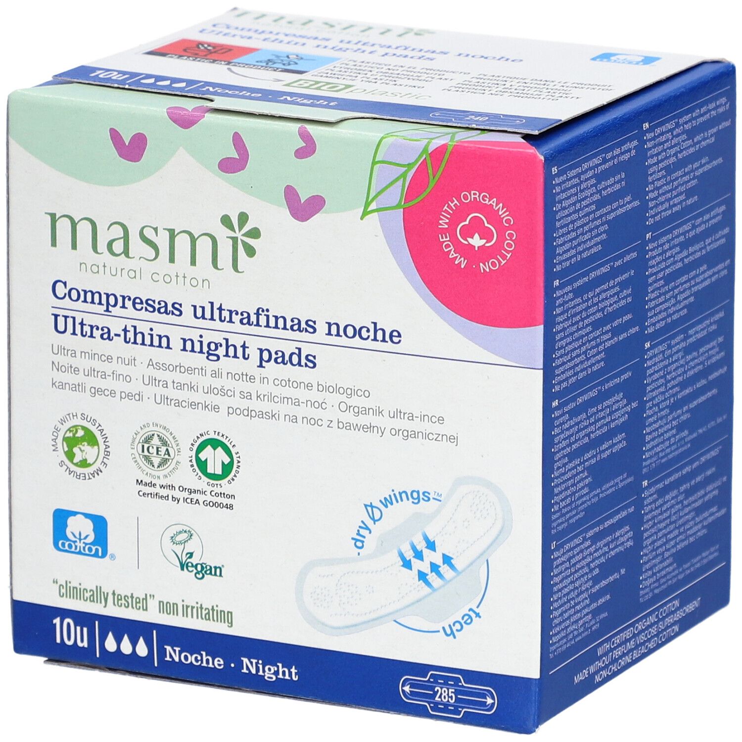 Boîte de serviettes de nuit ultra-fines en coton bio. Certifications et logo masmi visibles.