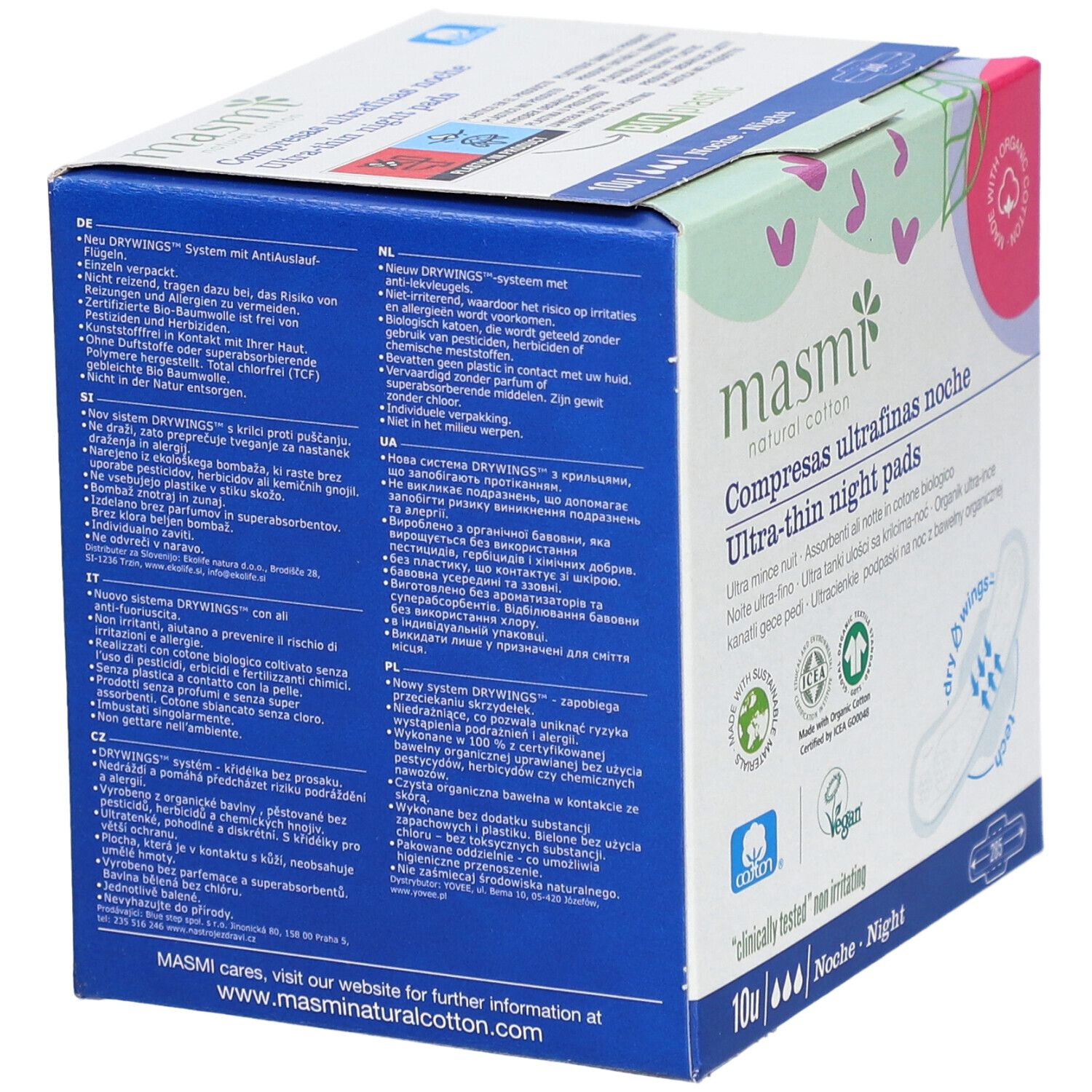 Boîte de serviettes de nuit ultra-fines. Informations produit multilingues au dos.