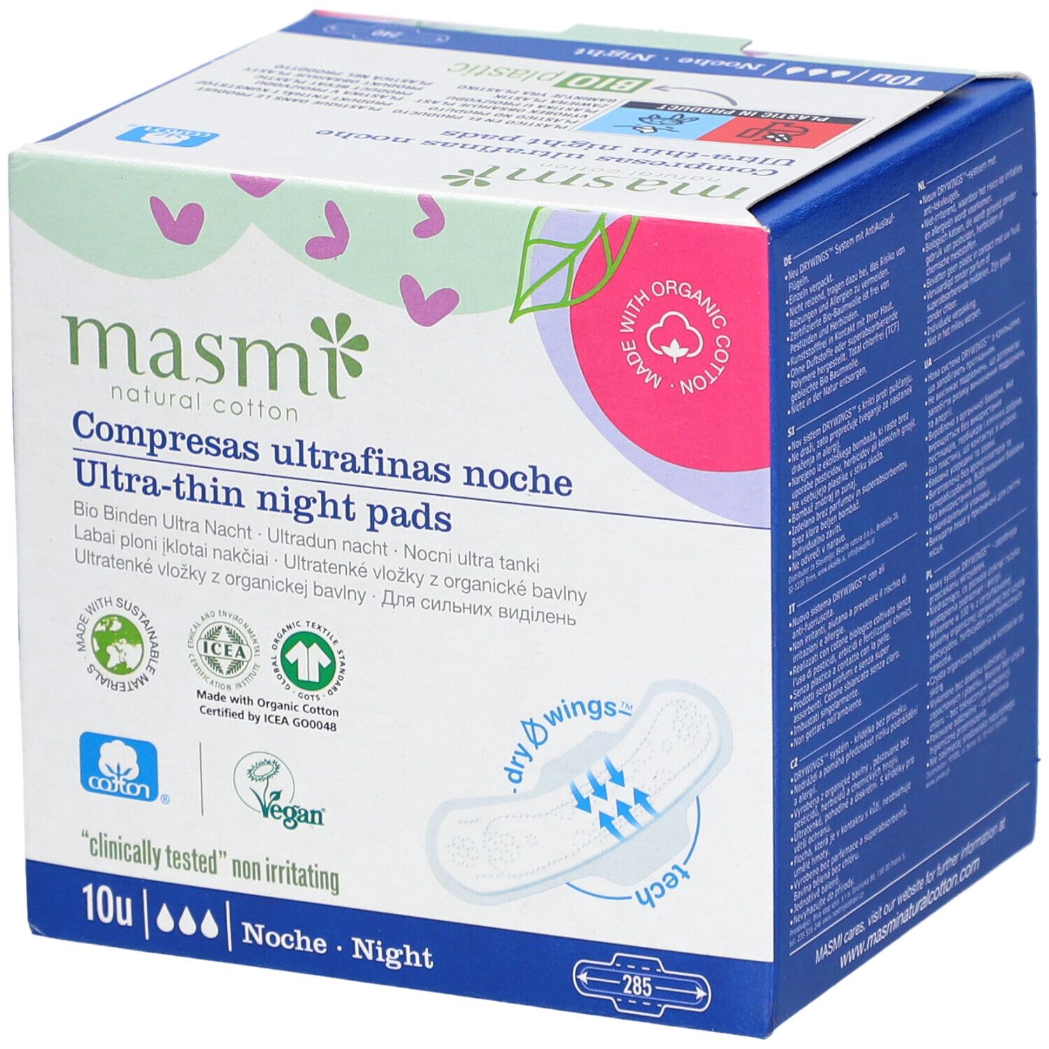Boîte de serviettes de nuit ultra-fines en coton bio. Certifications et logo masmi.
