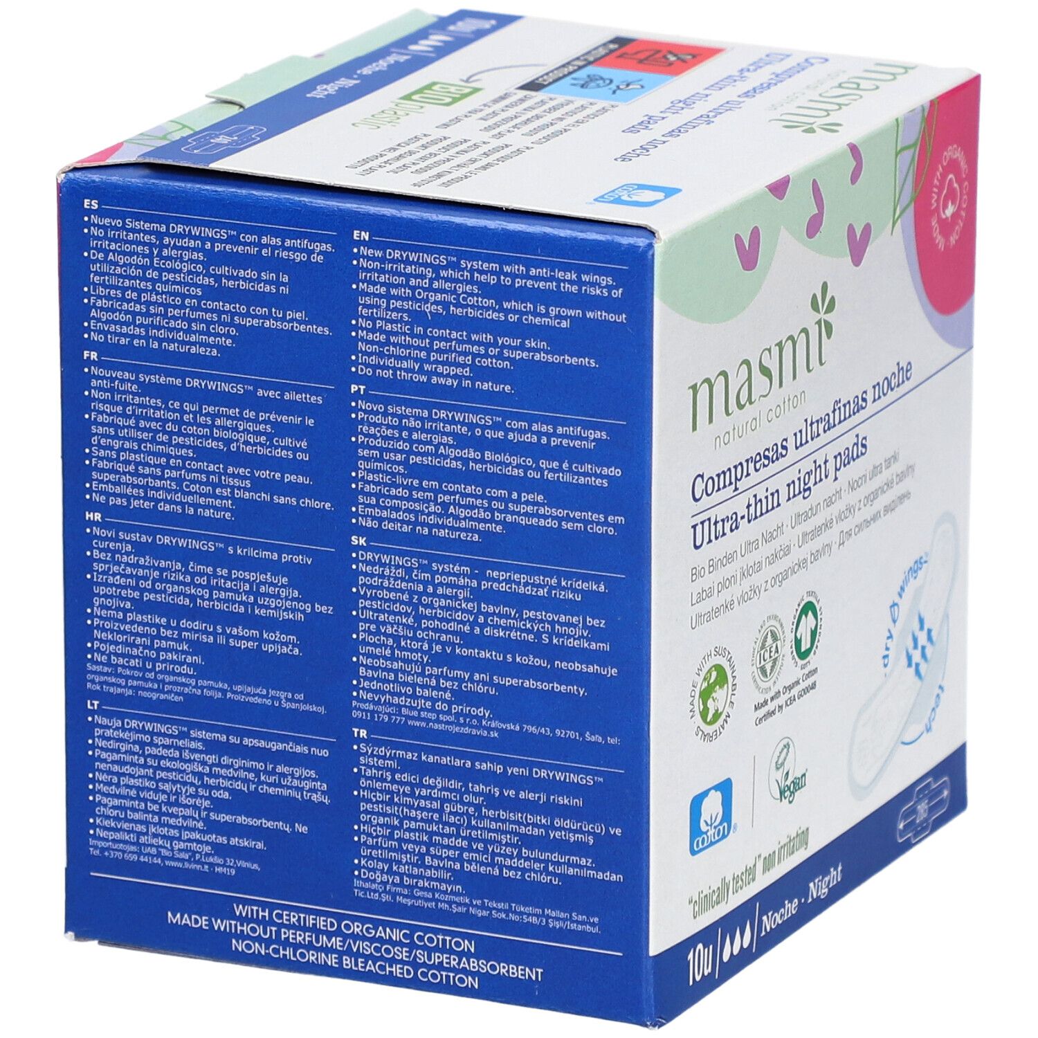 Boîte de serviettes de nuit ultra-fines. Informations produit multilingues au dos.