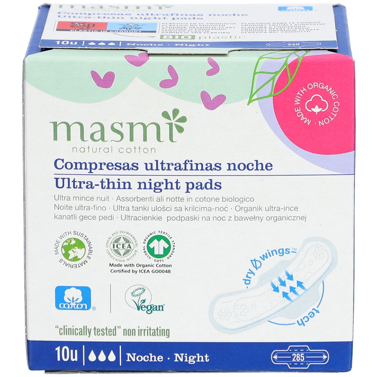 Boîte de serviettes de nuit ultra-fines en coton bio. Certifications et logo masmi.