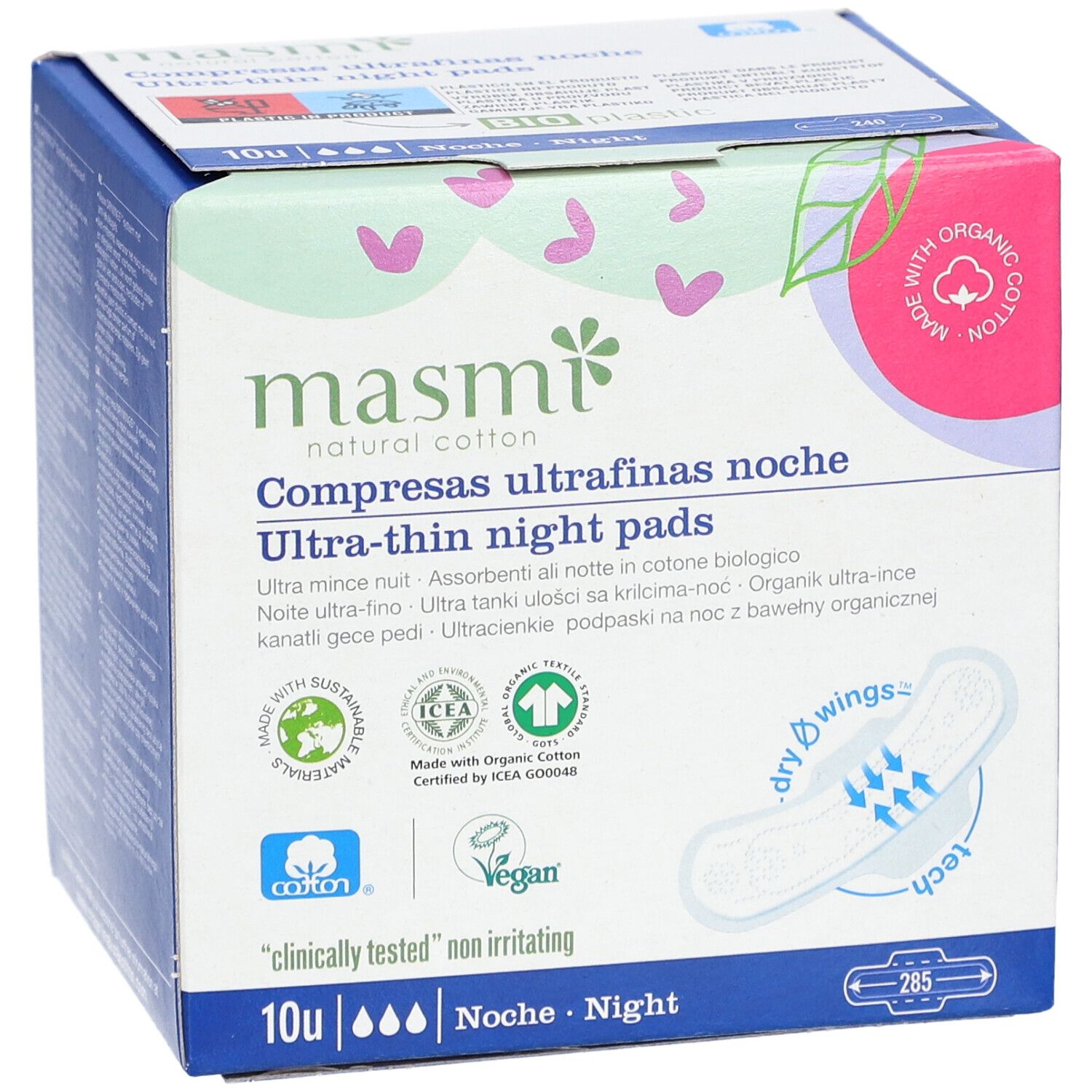 Boîte de serviettes de nuit ultra-fines en coton bio. Certifications et logo masmi.