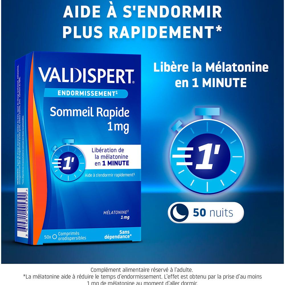 Boîte VALDISPERT Endormissement Sommeil Rapide 1mg et visuel, libération de mélatonine en 1 minute.