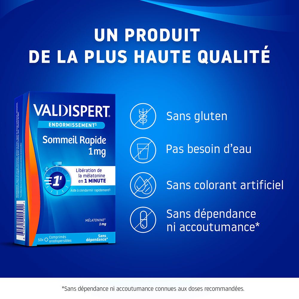 Boîte VALDISPERT Endormissement Sommeil Rapide 1mg et caractéristiques : Sans gluten, eau, colorants.