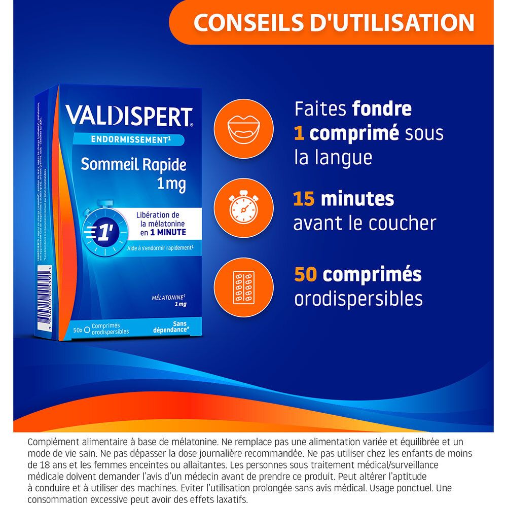 Boîte VALDISPERT Endormissement Sommeil Rapide 1mg et conseils d'utilisation : 1 comprimé sous la langue.