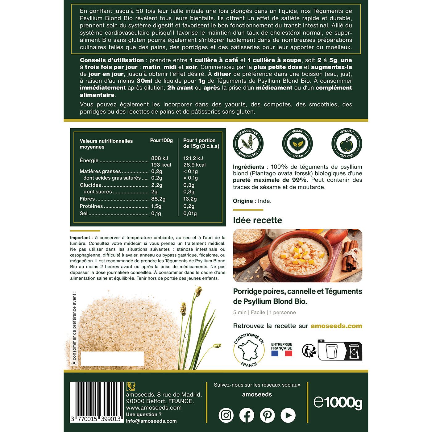 Dos du sachet. Texte: informations nutritionnelles, ingrédients, origine Inde. Recette: Porridge poires, cannelle.